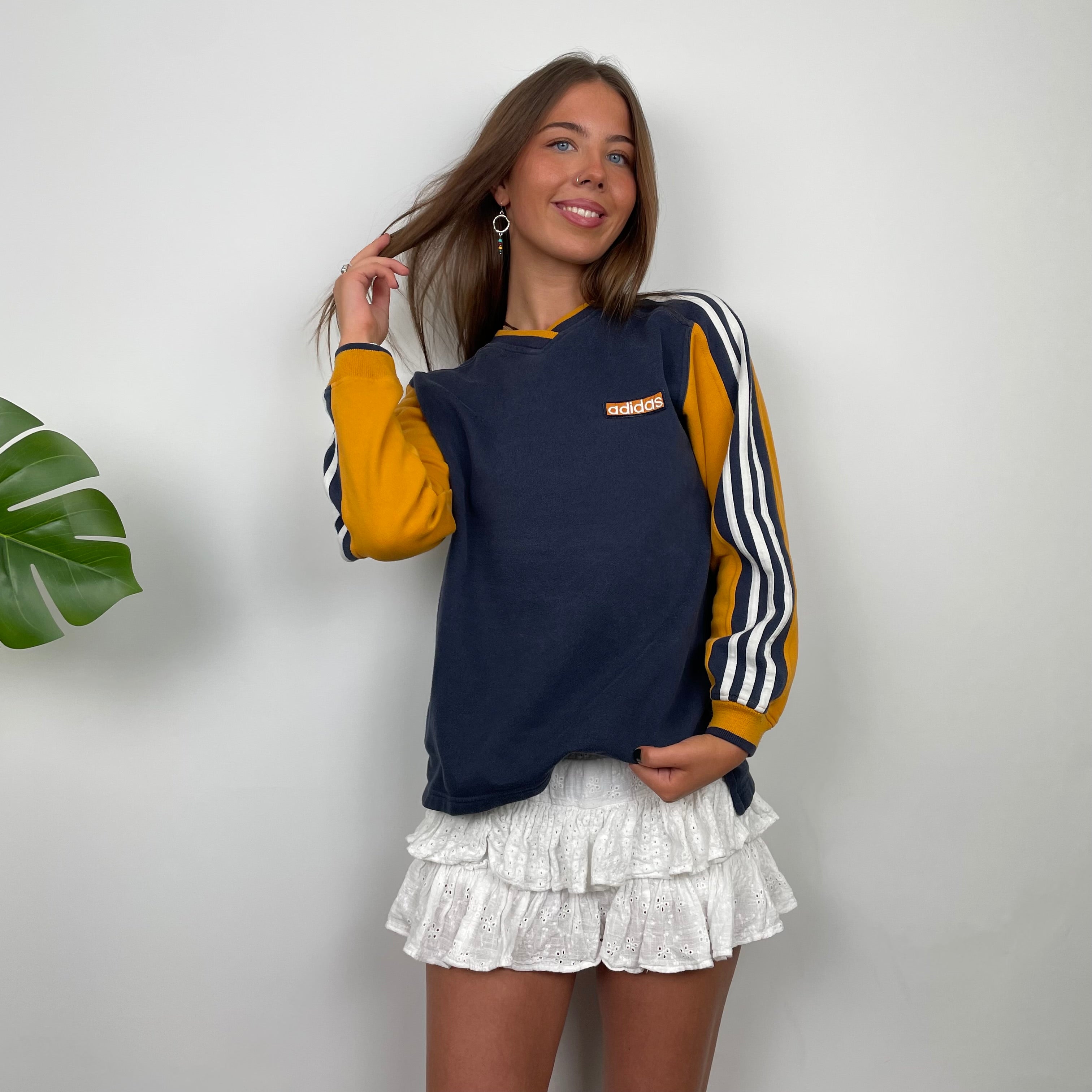 Adidas RARE Navy and Yellow Embroidered Spell Out Sweatshirt (S)