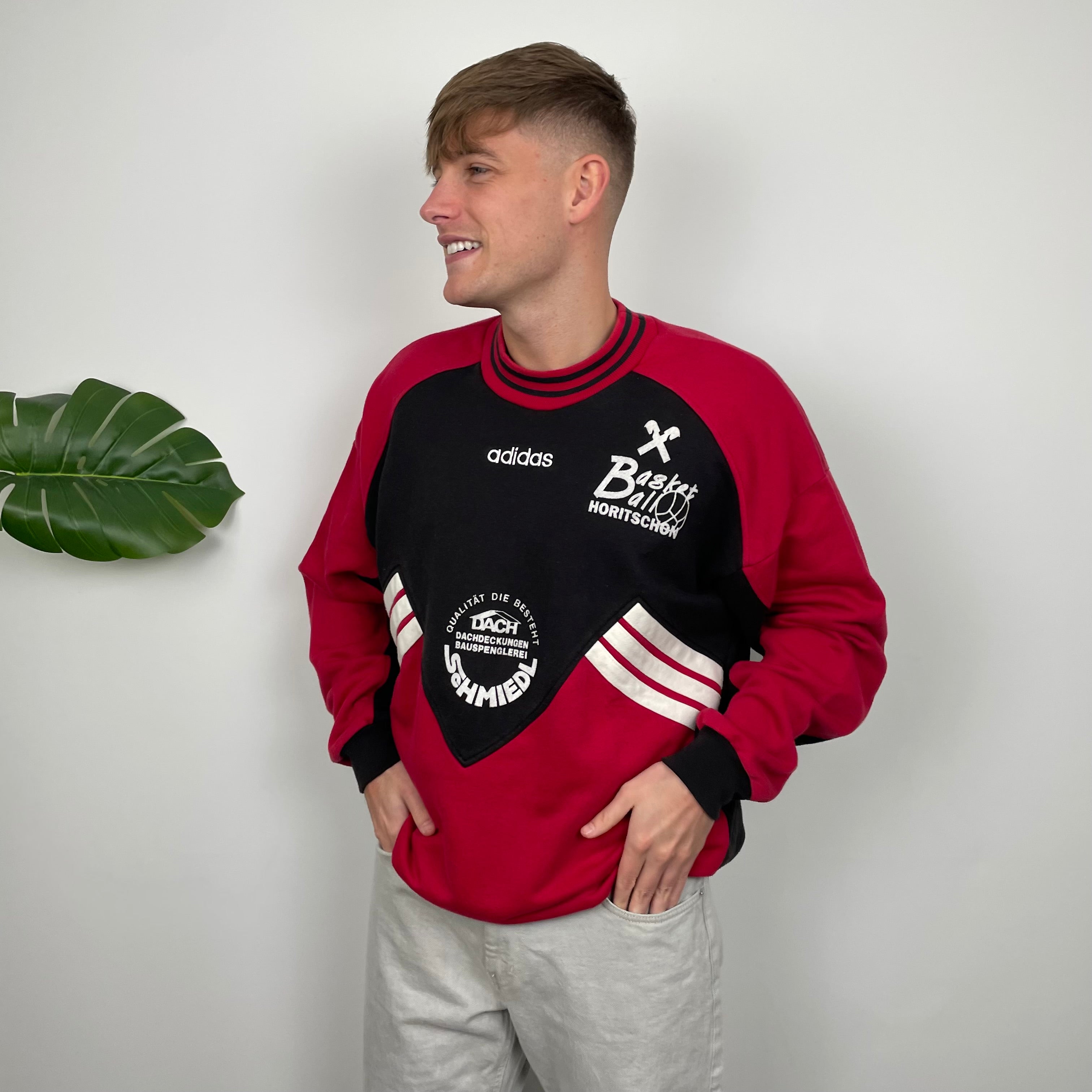 Adidas Red & Black Embroidered Spell Out Sweatshirt (L)