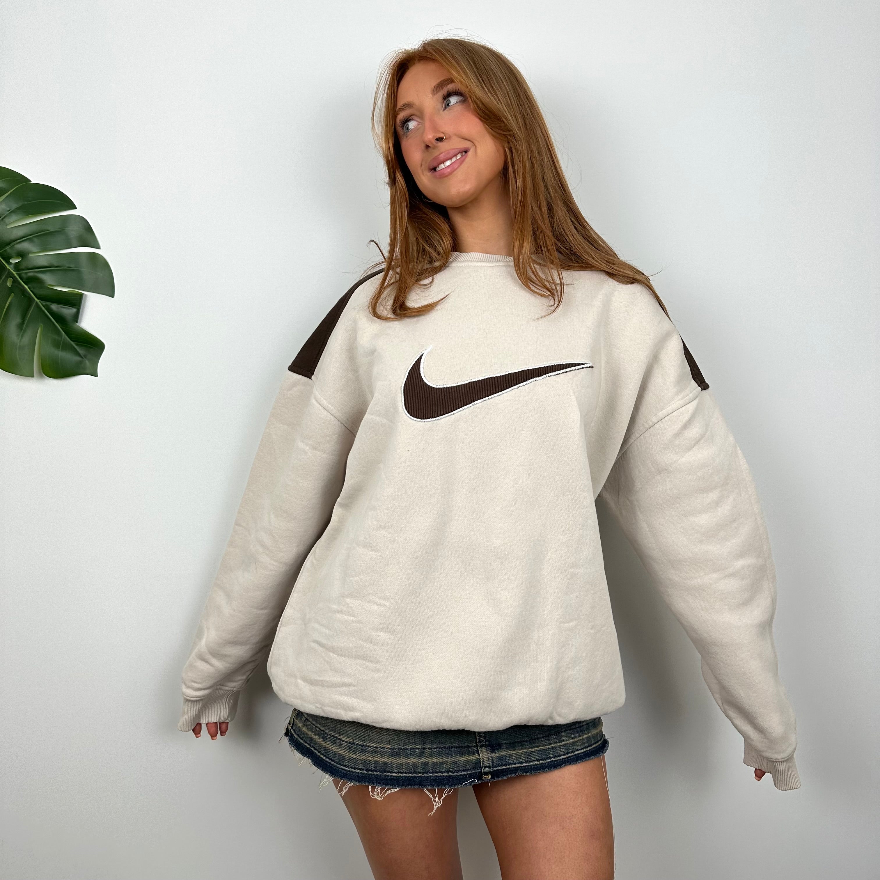 Nike Cream and Brown Embroidered Swoosh Sweatshirt (M)