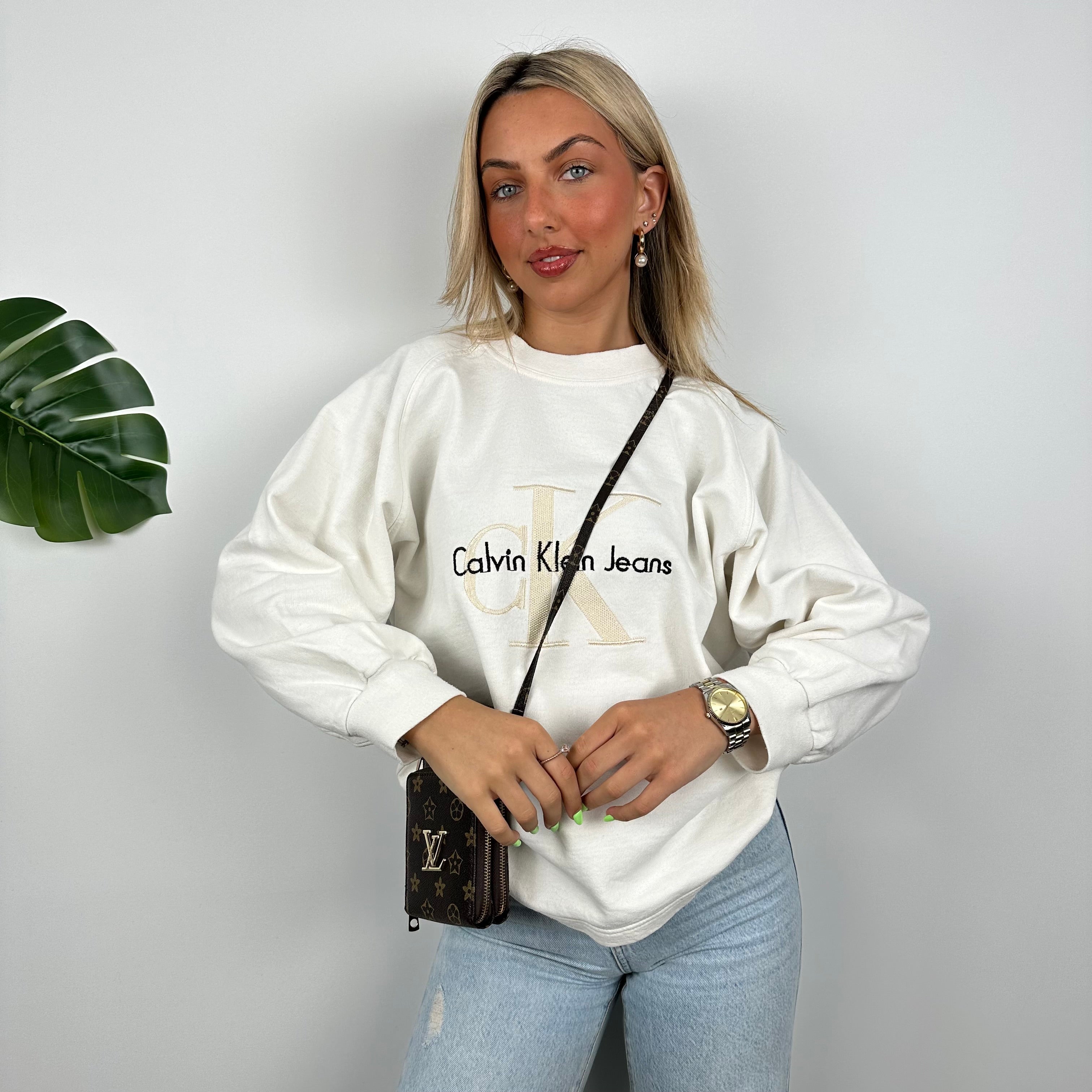 Calvin Klein RARE Cream Embroidered Spell Out Sweatshirt (M)