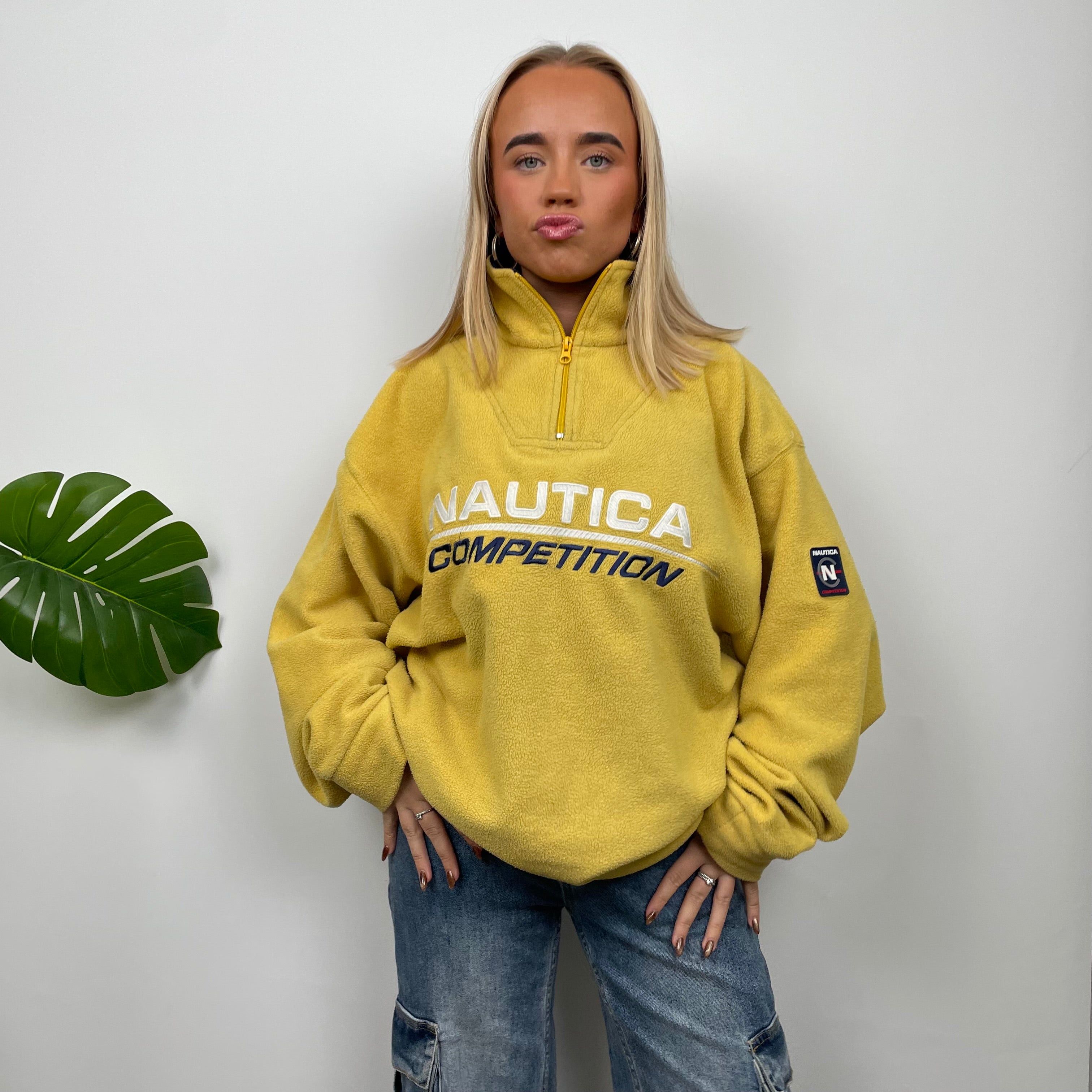 Nautica Yellow Embroidered Spell Out Teddy Bear Fleece Quarter Zip Sweatshirt (XL)