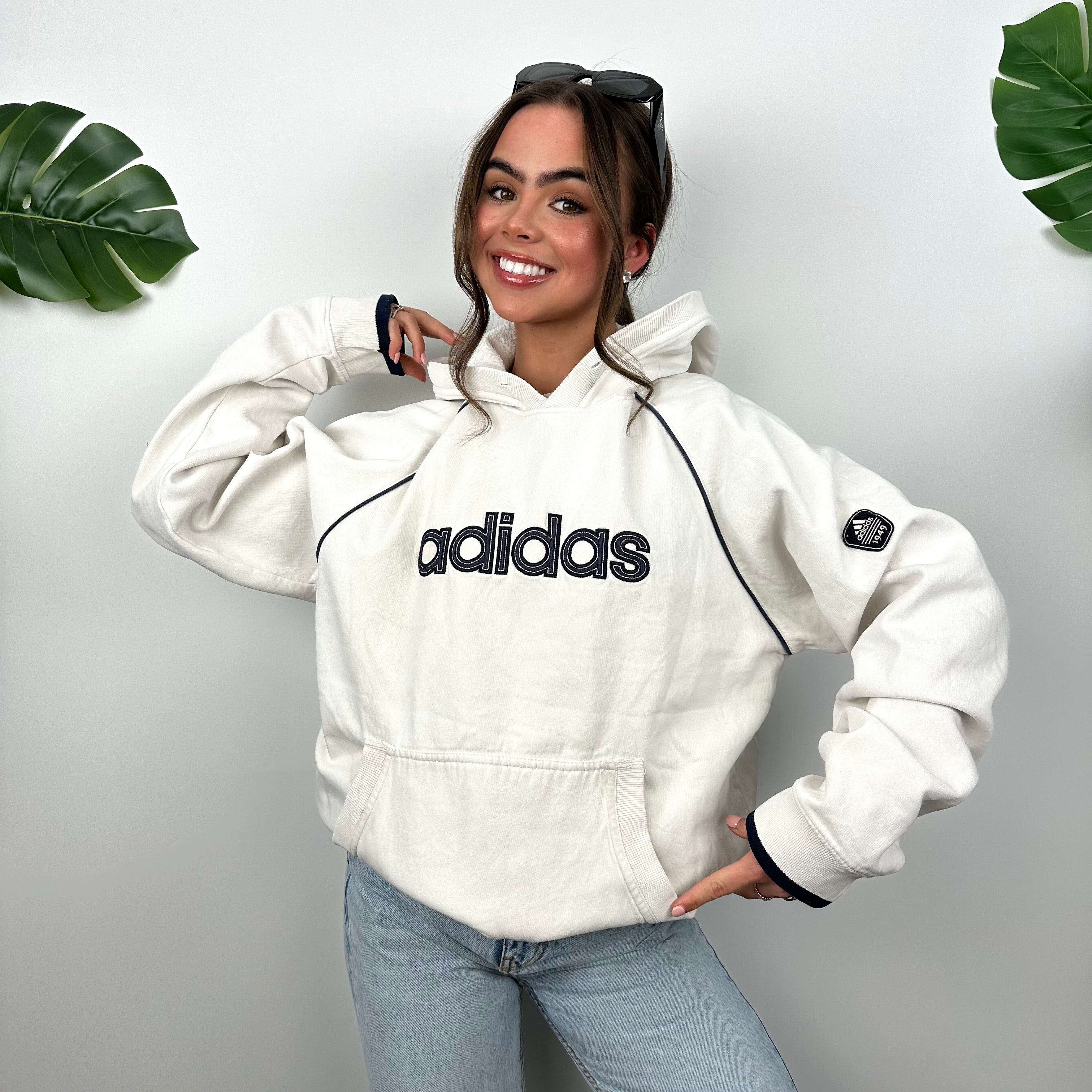 Adidas White Embroidered Spell Out Hoodie (L)