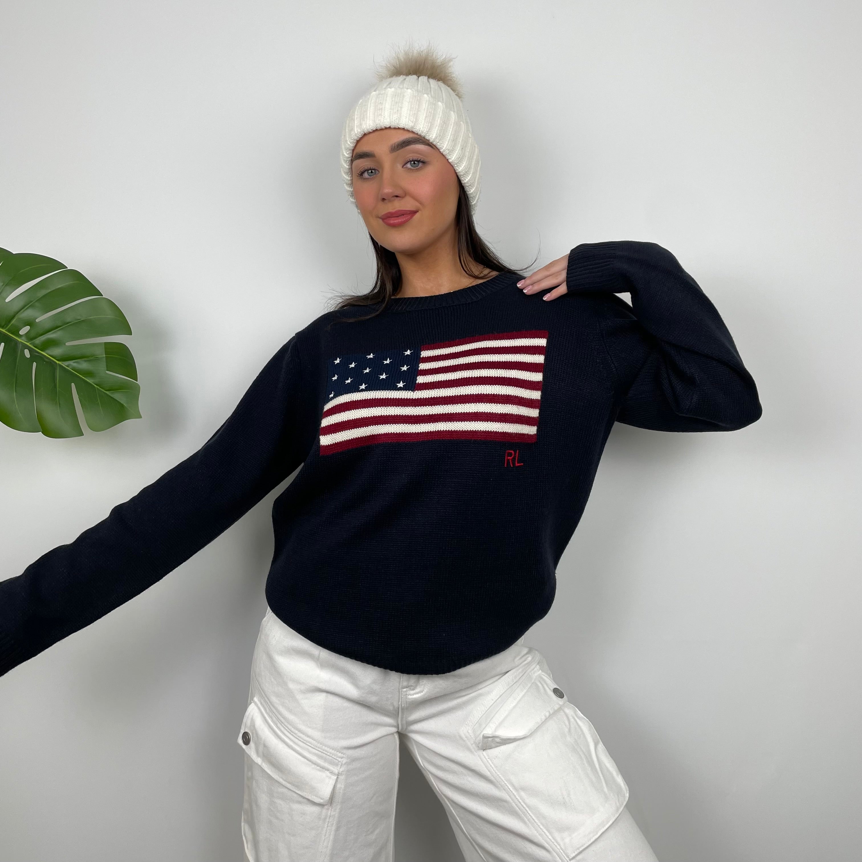 Polo Ralph Lauren Navy Embroidered Spell Out Knitted Sweater (M)