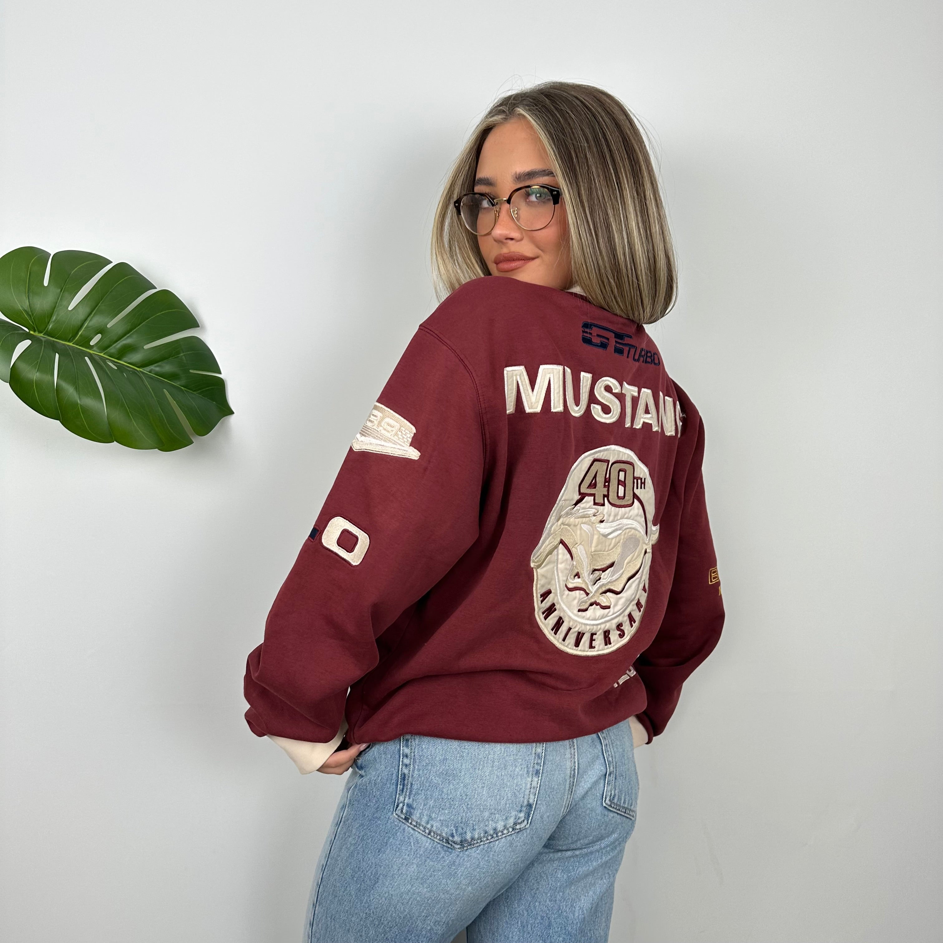 Ford Mustang Racing Maroon Embroidered Spell Out Zip Up Jacket (M)
