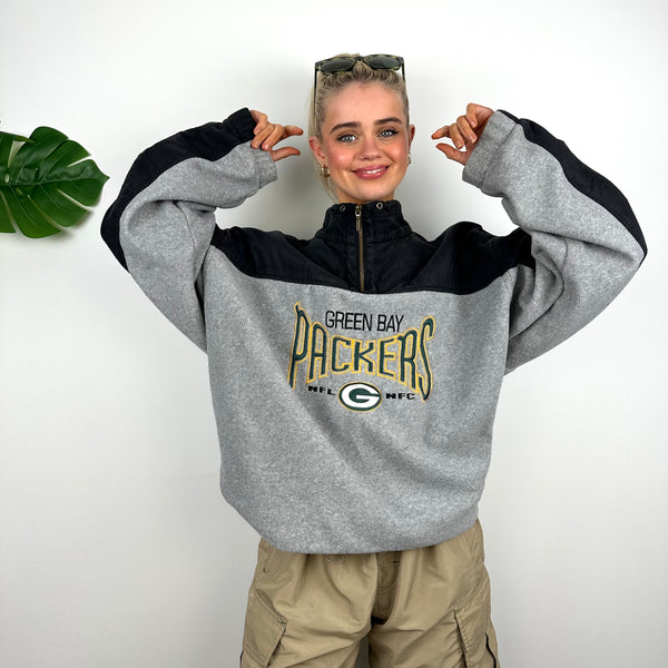 Green Bay Packers RARE Black & Grey Embroidered Spell Out Quarter Zip Sweatshirt (L)