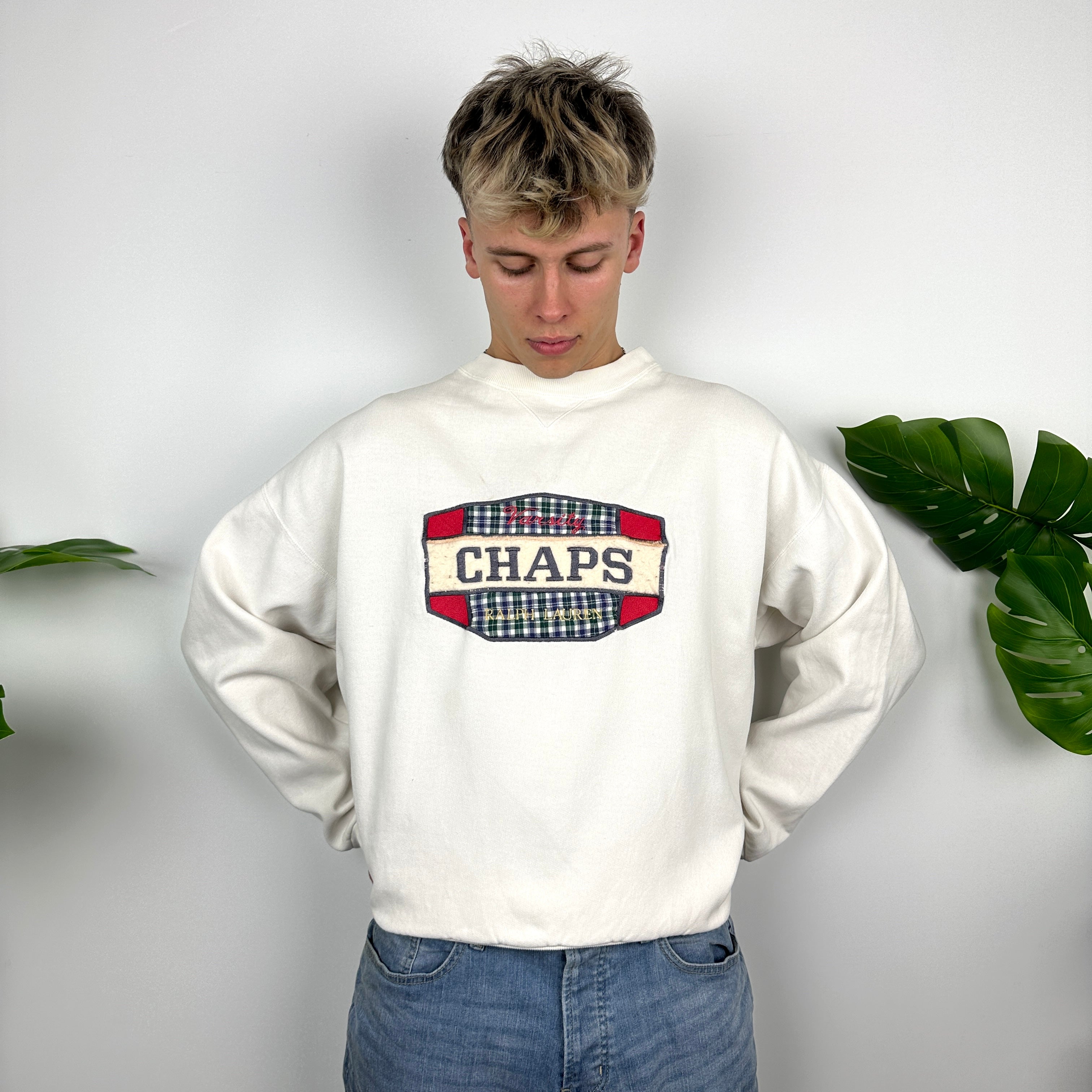 Chaps Ralph Lauren White Embroidered Spell Out Sweatshirt (M)