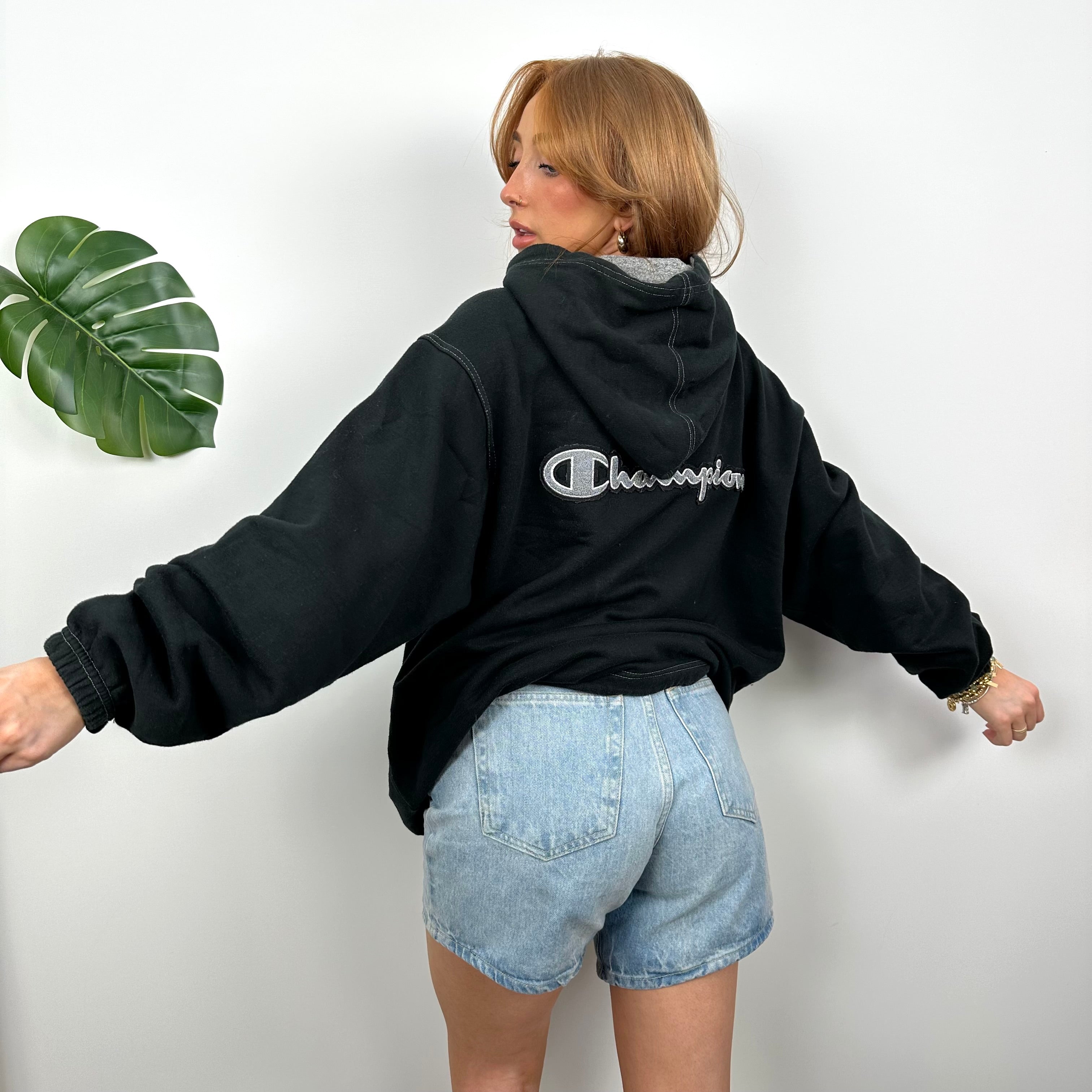 Champion RARE Black Embroidered Spell Out Zip Up Sweatshirt (S)