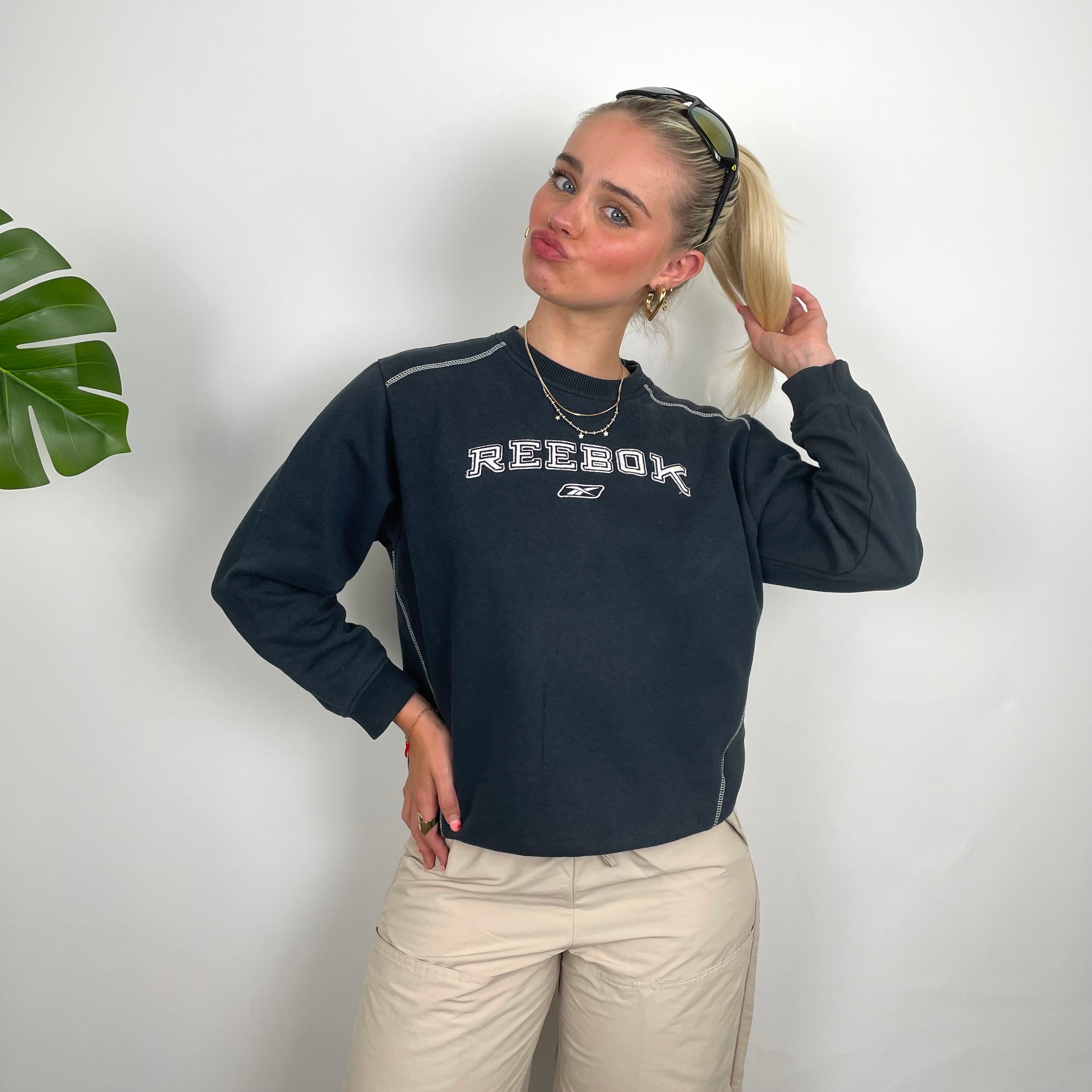 Reebok Navy Embroidered Spell Out Sweatshirt (S)