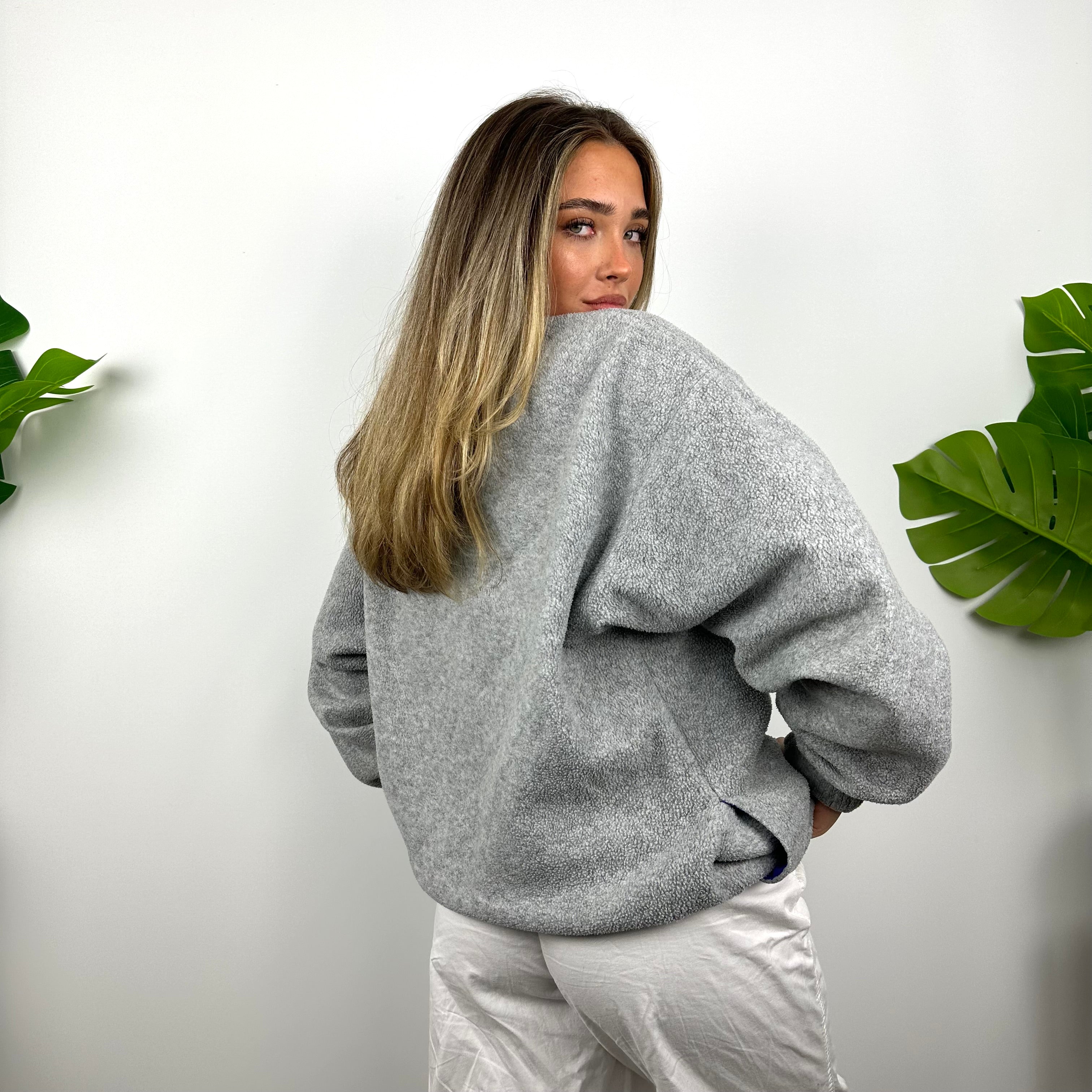 FILA Grey Embroidered Spell Out Teddy Bear Fleece Quarter Zip Sweatshirt (L)