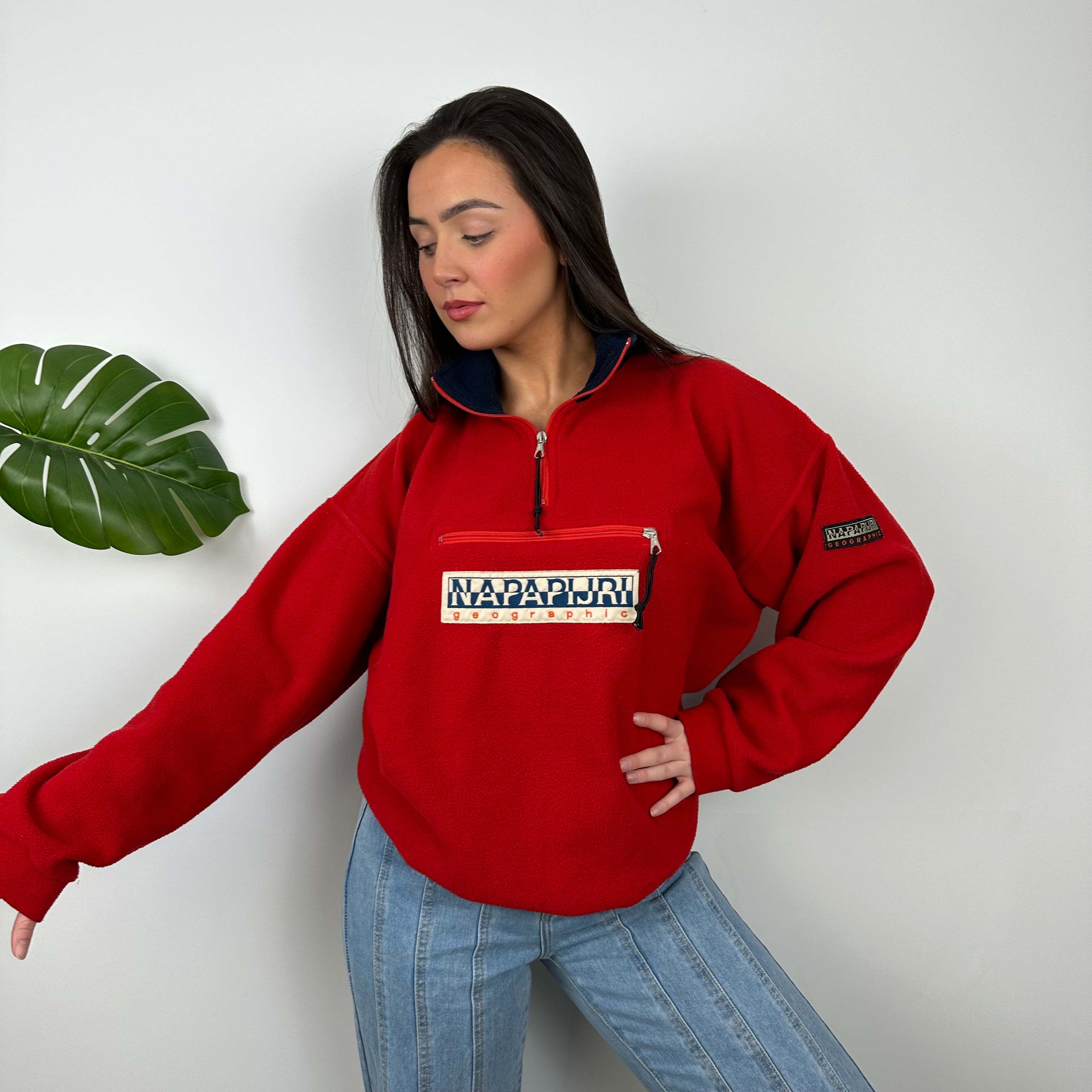 Napapijri Red Embroidered Spell Out Teddy Bear Fleece Quarter Zip (M)