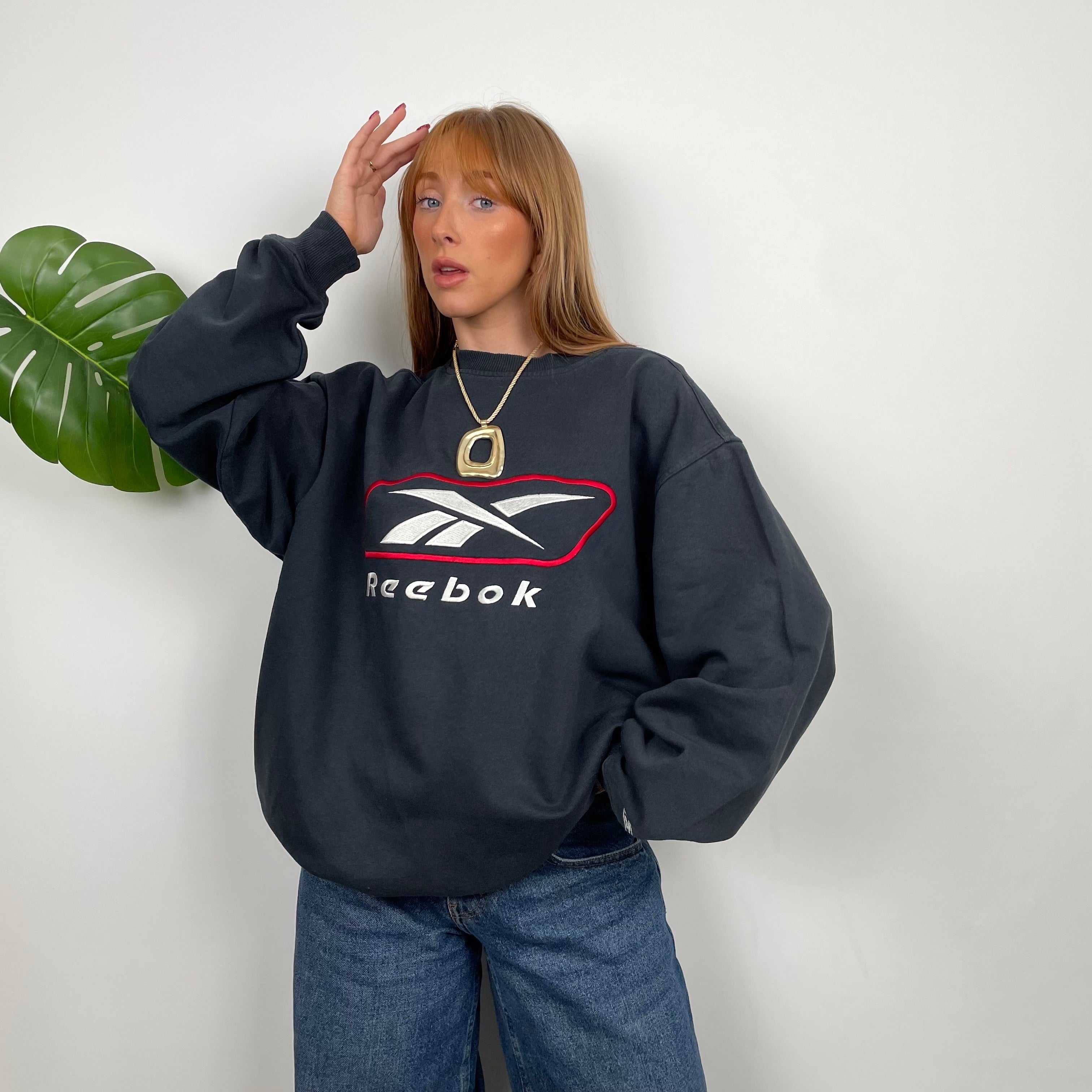 Reebok RARE Black Navy Embroidered Spell Out Sweatshirt