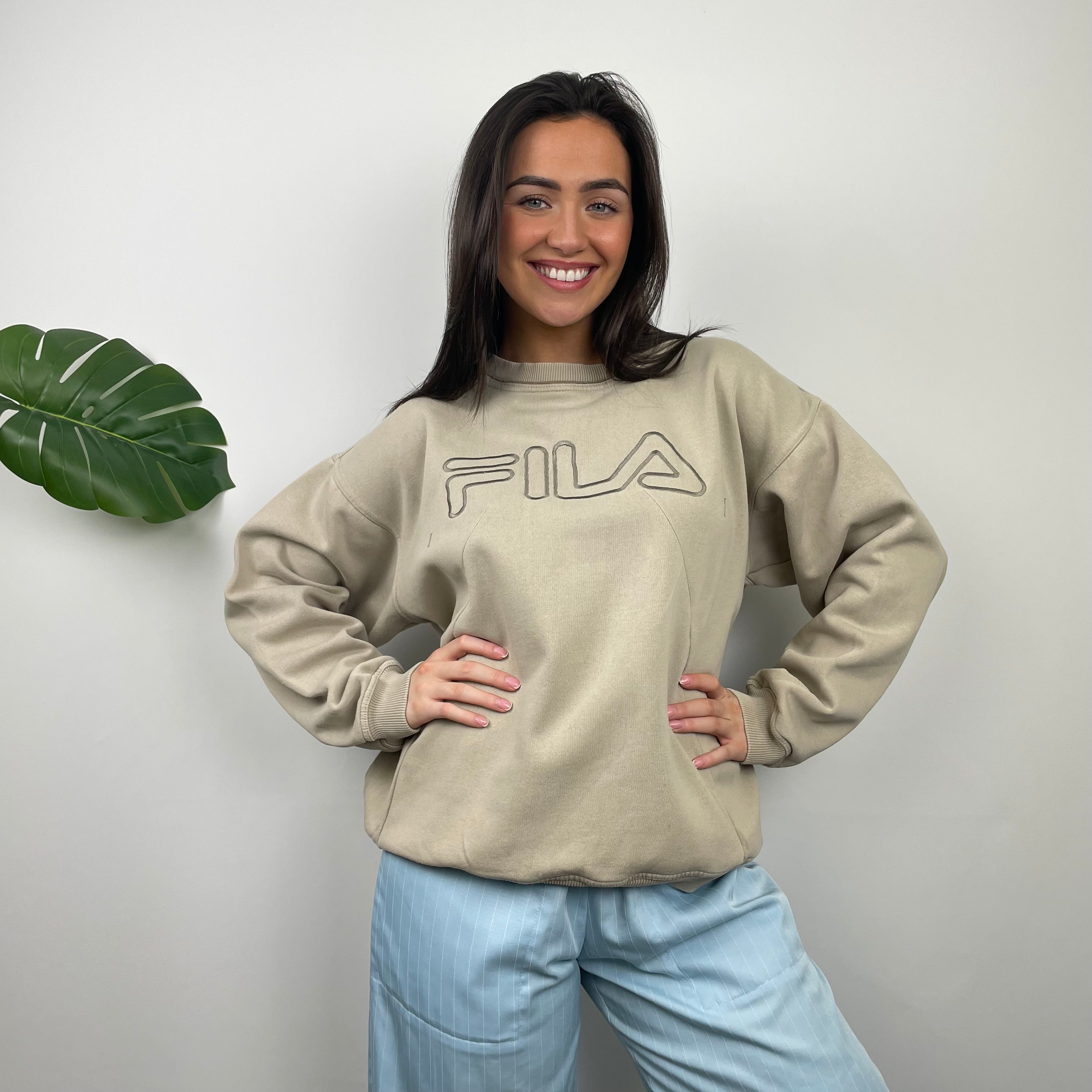 FILA Beige Embroidered Spell Out Sweatshirt (M)