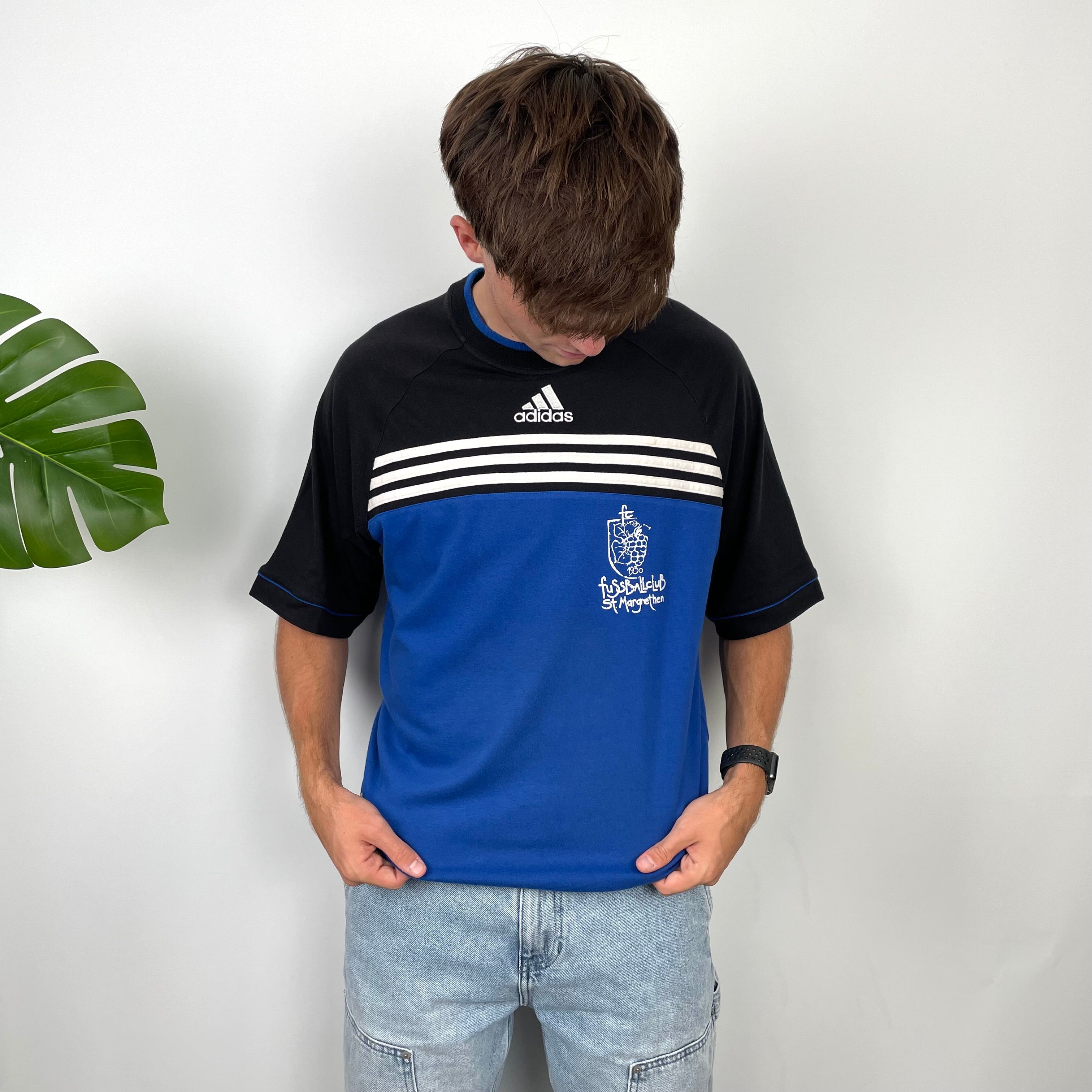 Adidas RARE Black & Blue Embroidered Spell Out T Shirt (L)