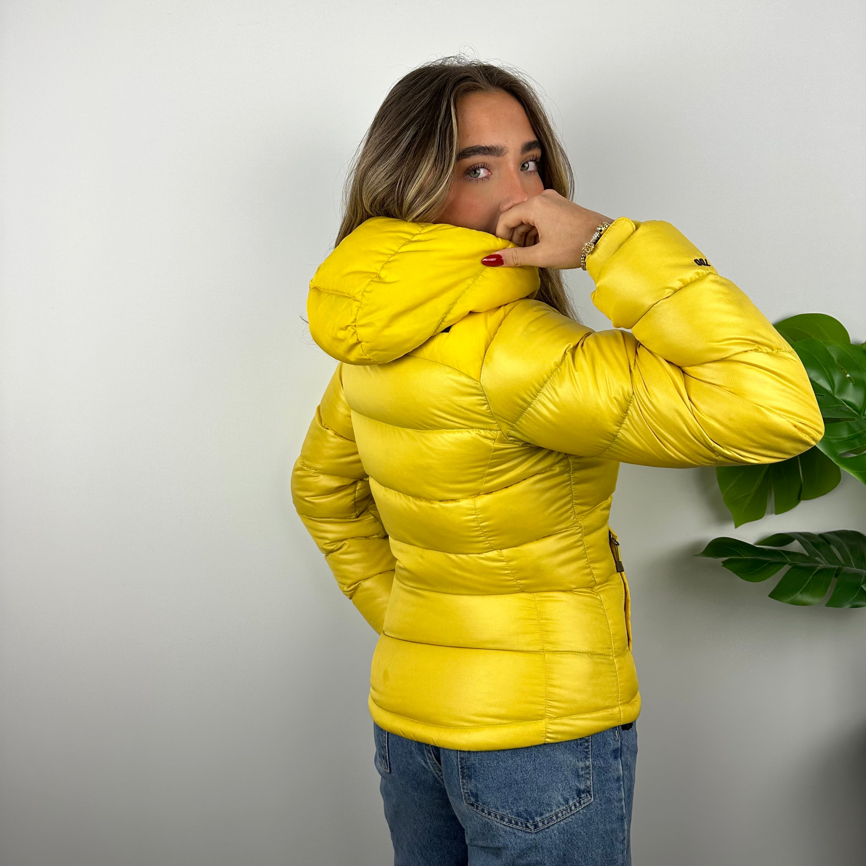 North Face Yellow Embroidered Spell Out Puffer Jacket (S)