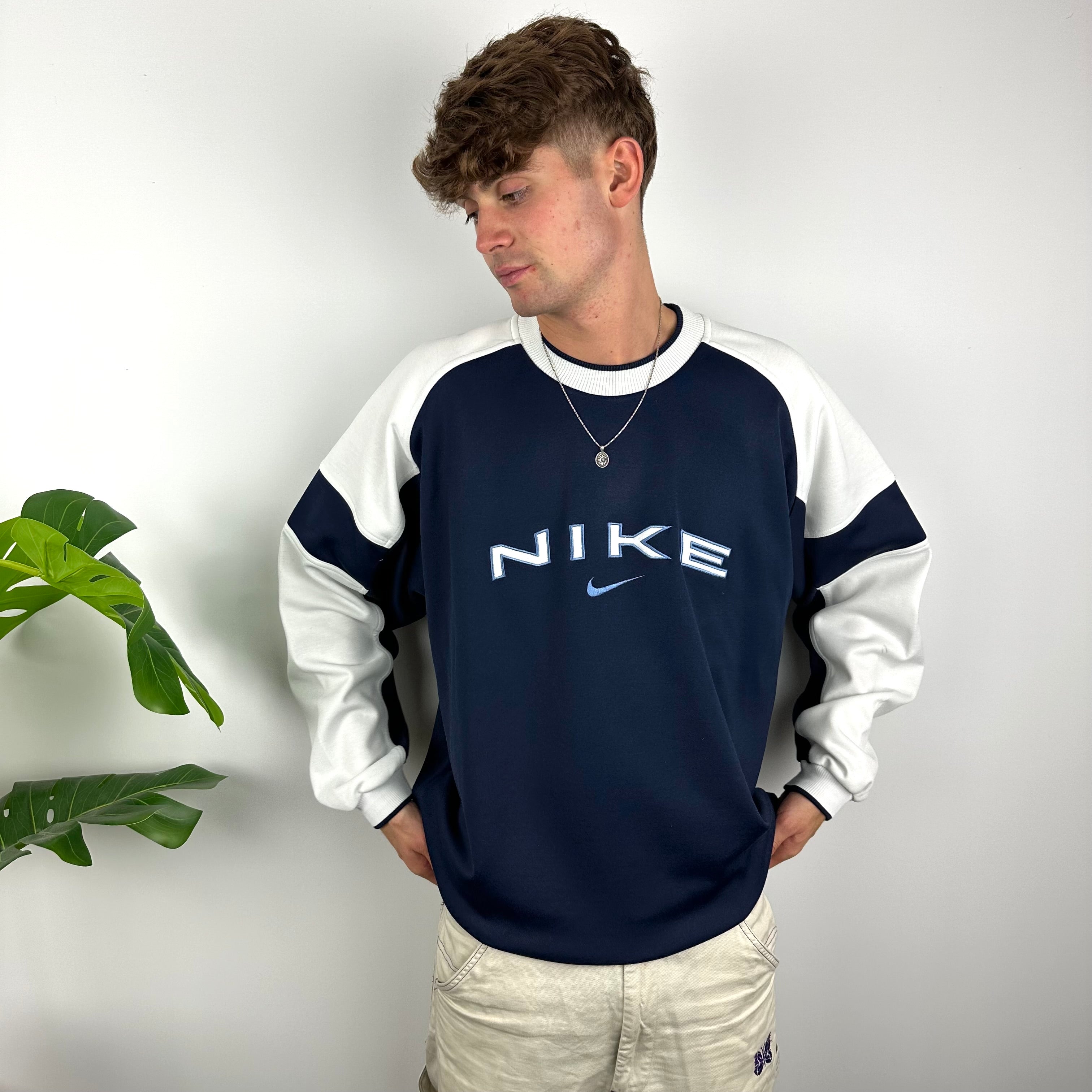 Nike RARE Navy Embroidered Spell Out Sweatshirt (XXL)