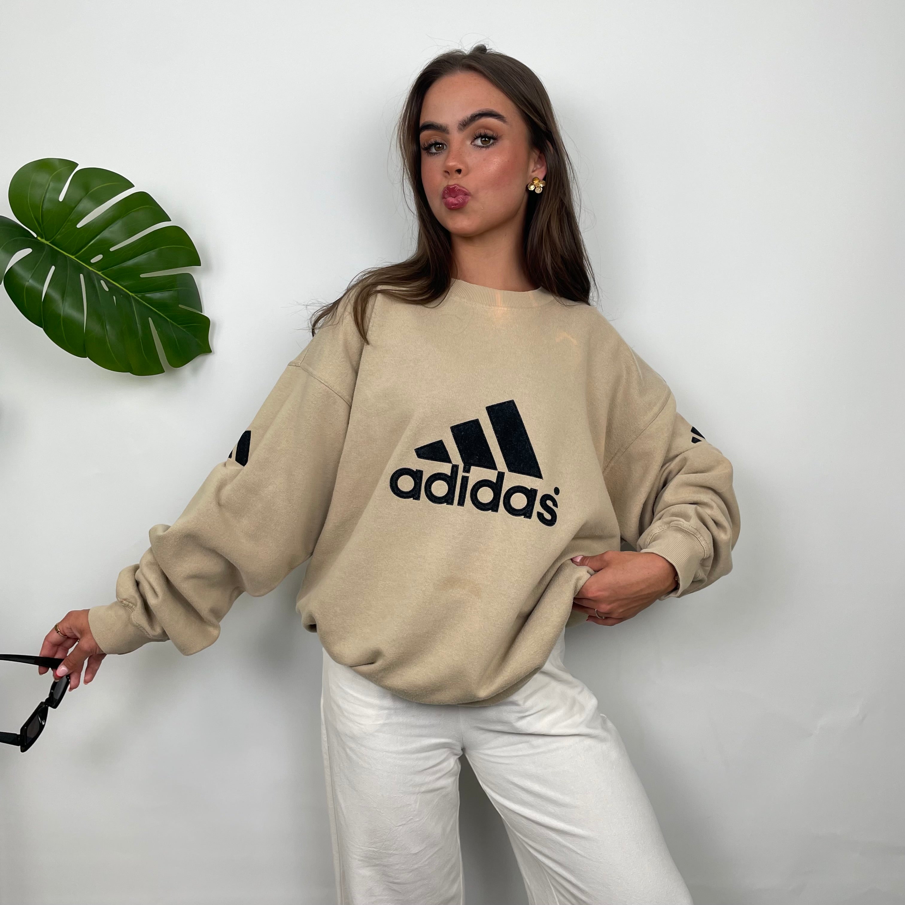 Adidas Beige Embroidered Spell Out Sweatshirt (XL)