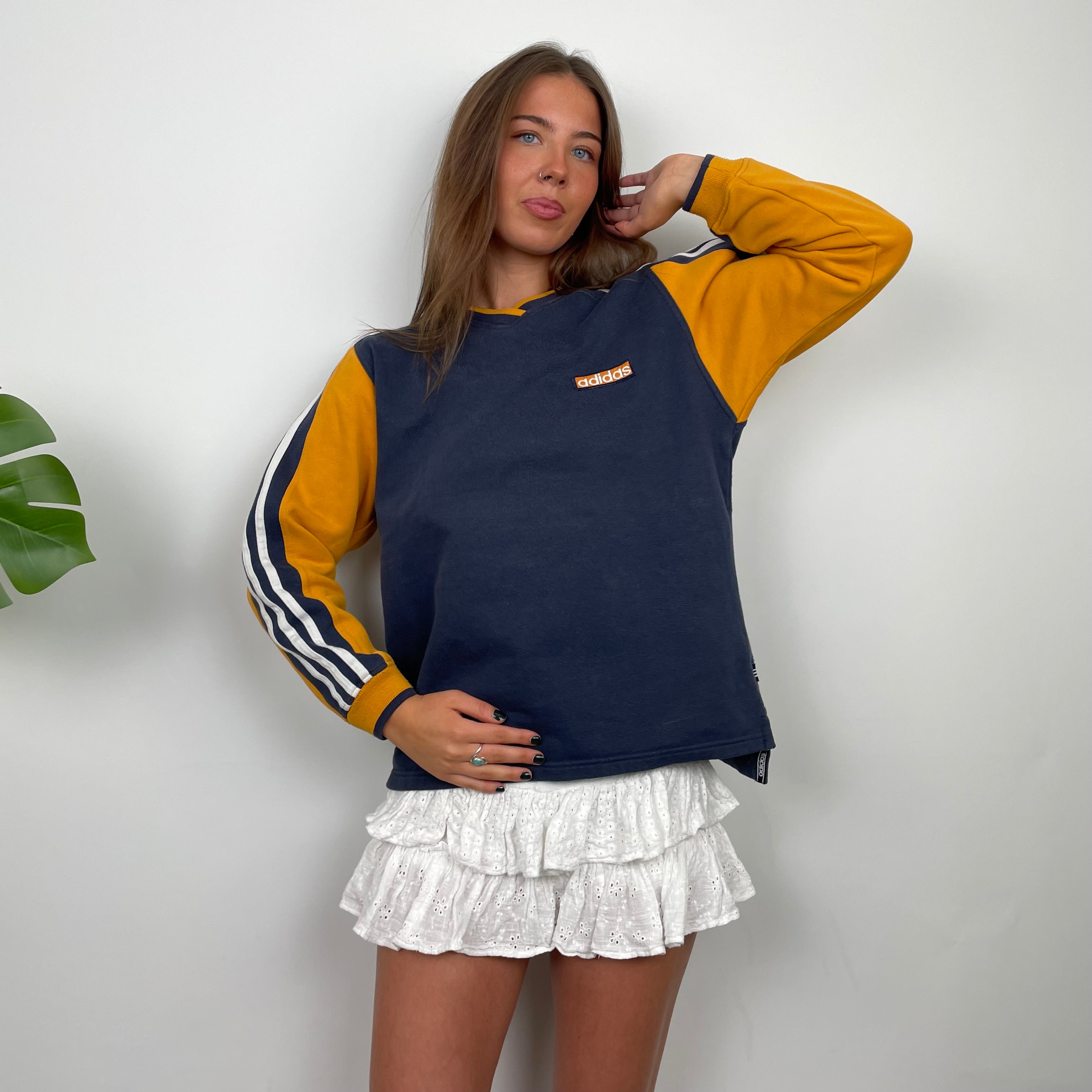 Adidas RARE Navy and Yellow Embroidered Spell Out Sweatshirt (S)