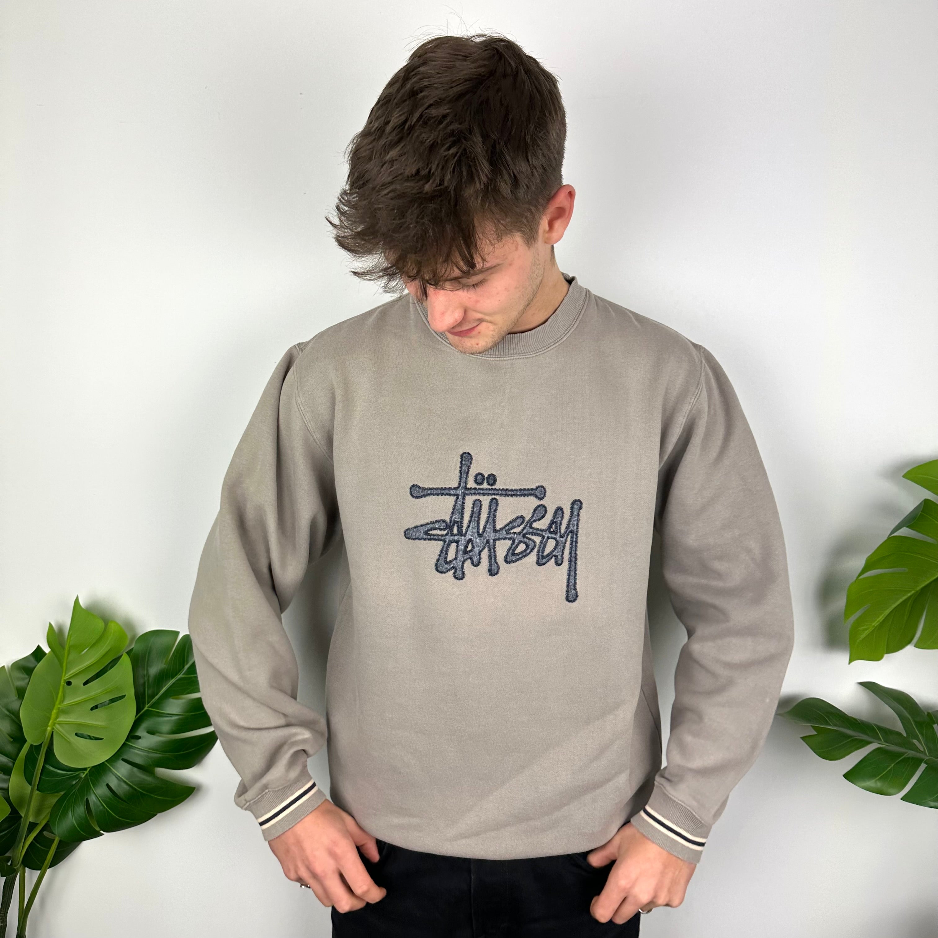 Stussy Mocha Brown Embroidered Spell Out Sweatshirt (M)