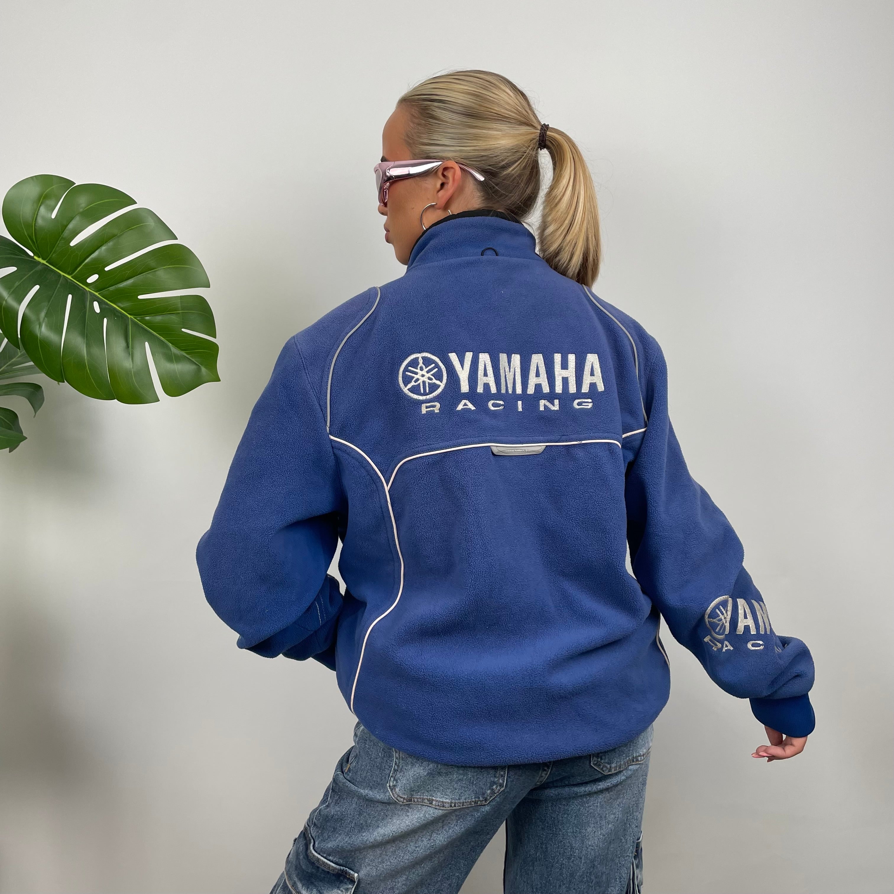 Yamaha Racing Blue Embroidered Spell Out Zip Up Teddy Bear Fleece Jacket (XL)