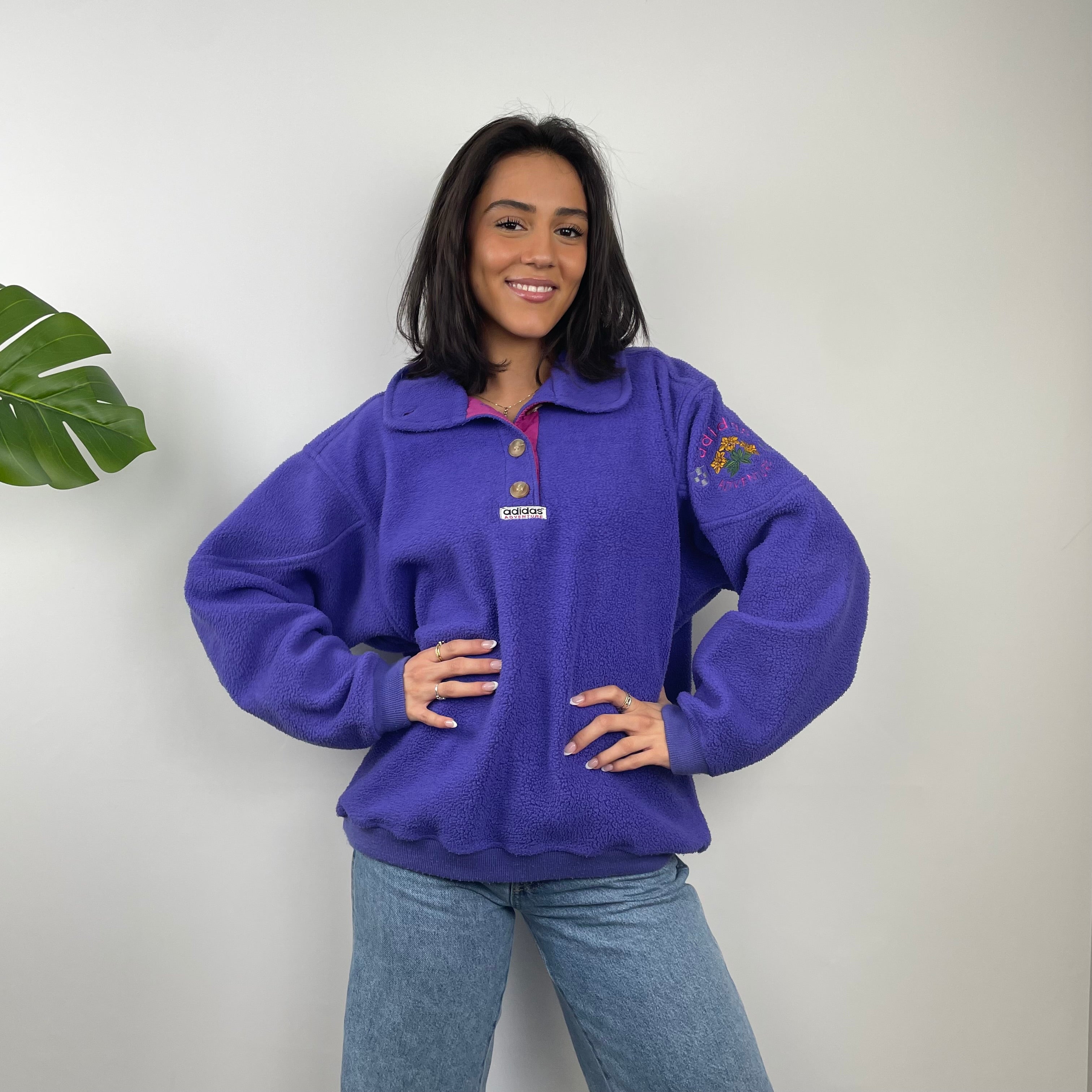 Adidas Adventure RARE Purple Embroidered Spell Out Teddy Bear Fleece Button Sweatshirt (M)