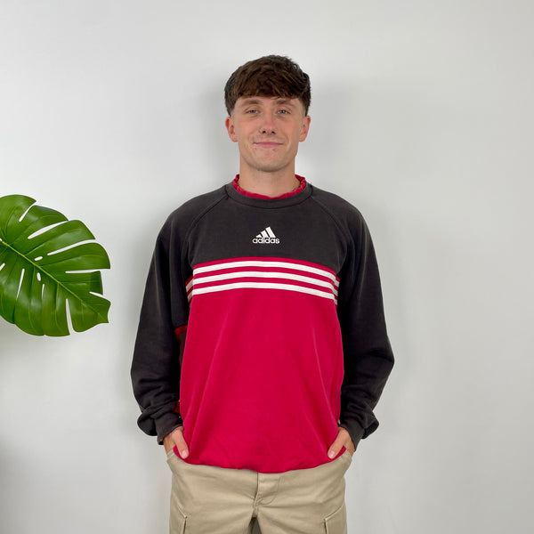 Adidas Red & Black Embroidered Spell Out Colour Block Sweatshirt (L)
