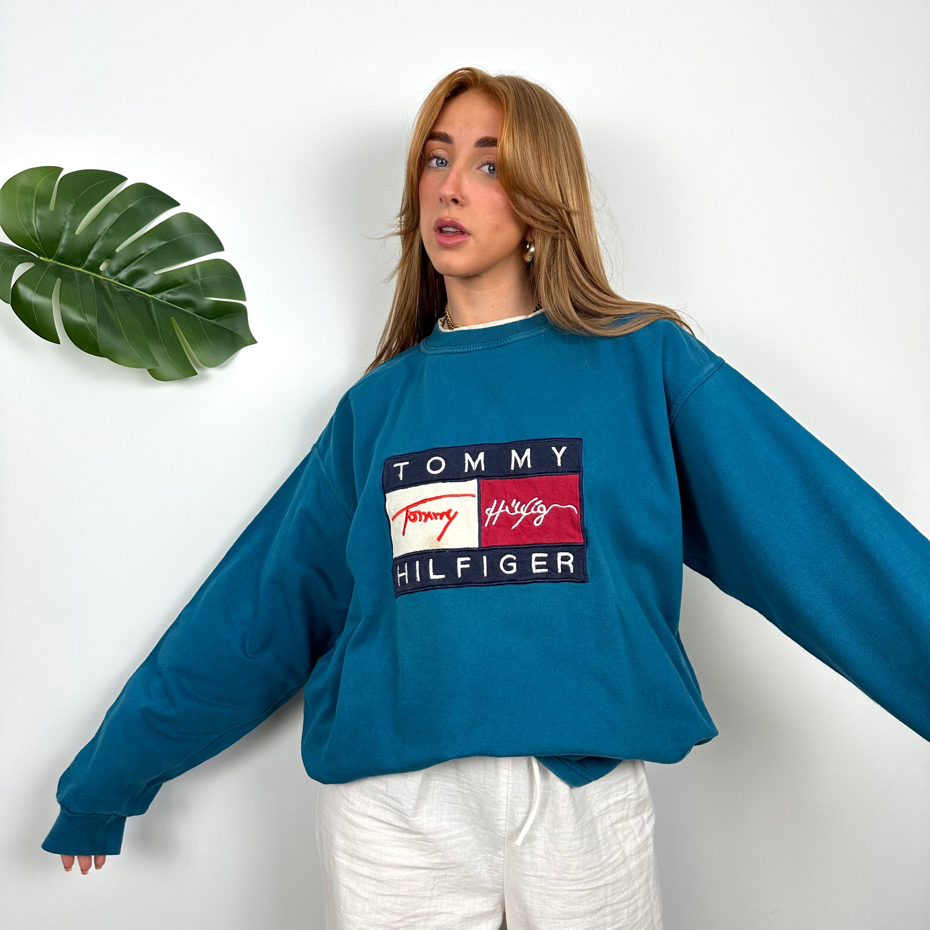 Tommy Hilfiger Turquoise Embroidered Spell Out Sweatshirt (XL)