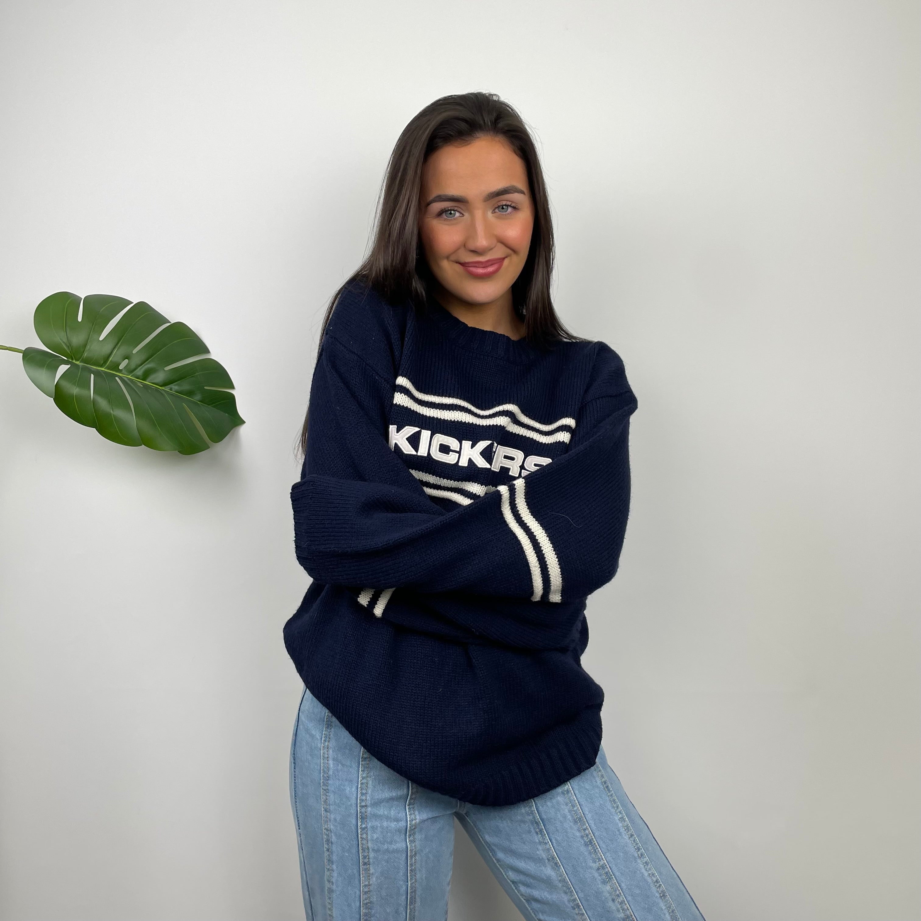 Kickers RARE Navy & Cream Embroidered Spell Out Knitted Sweater (L)