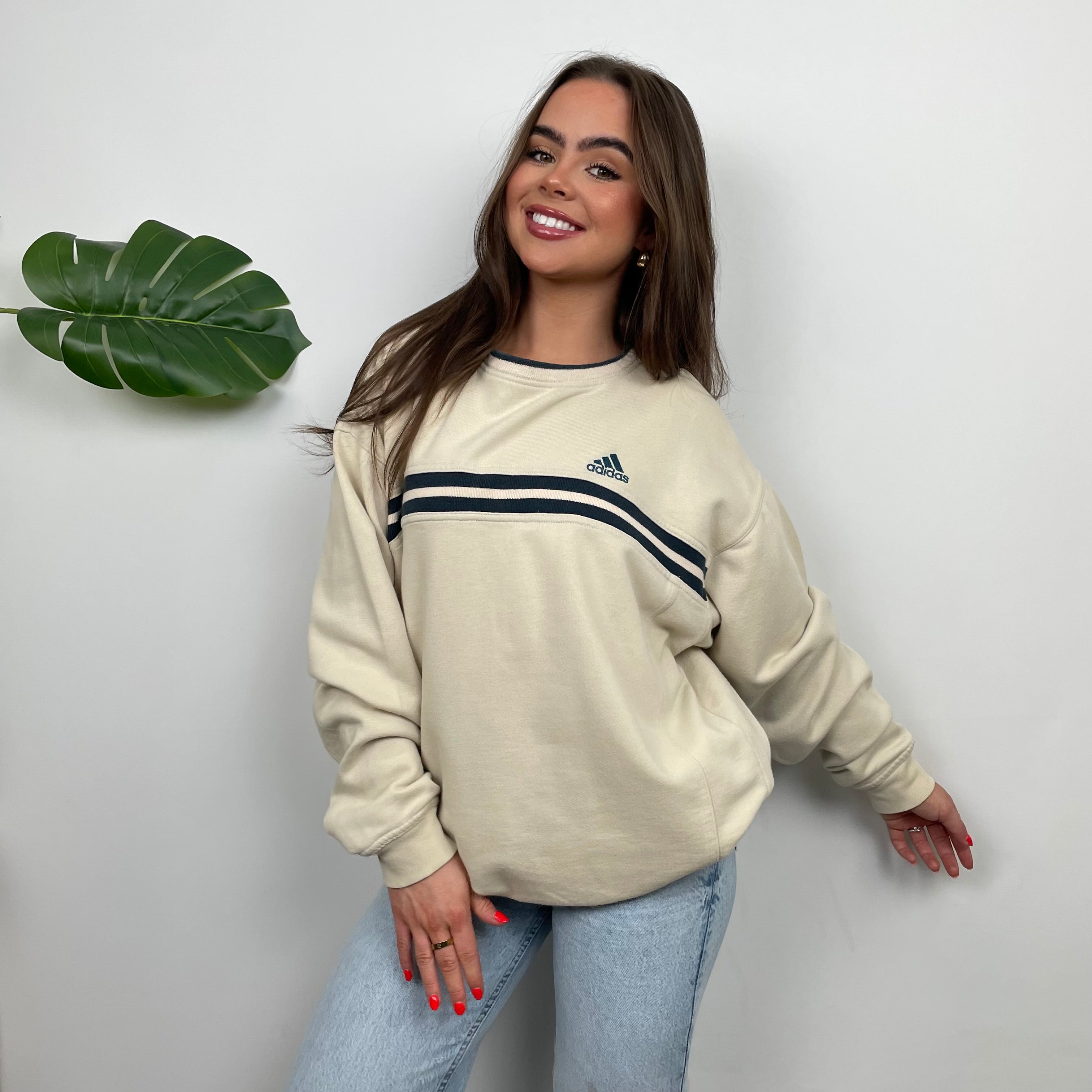 Adidas Cream Embroidered Spell Out Sweatshirt (L)