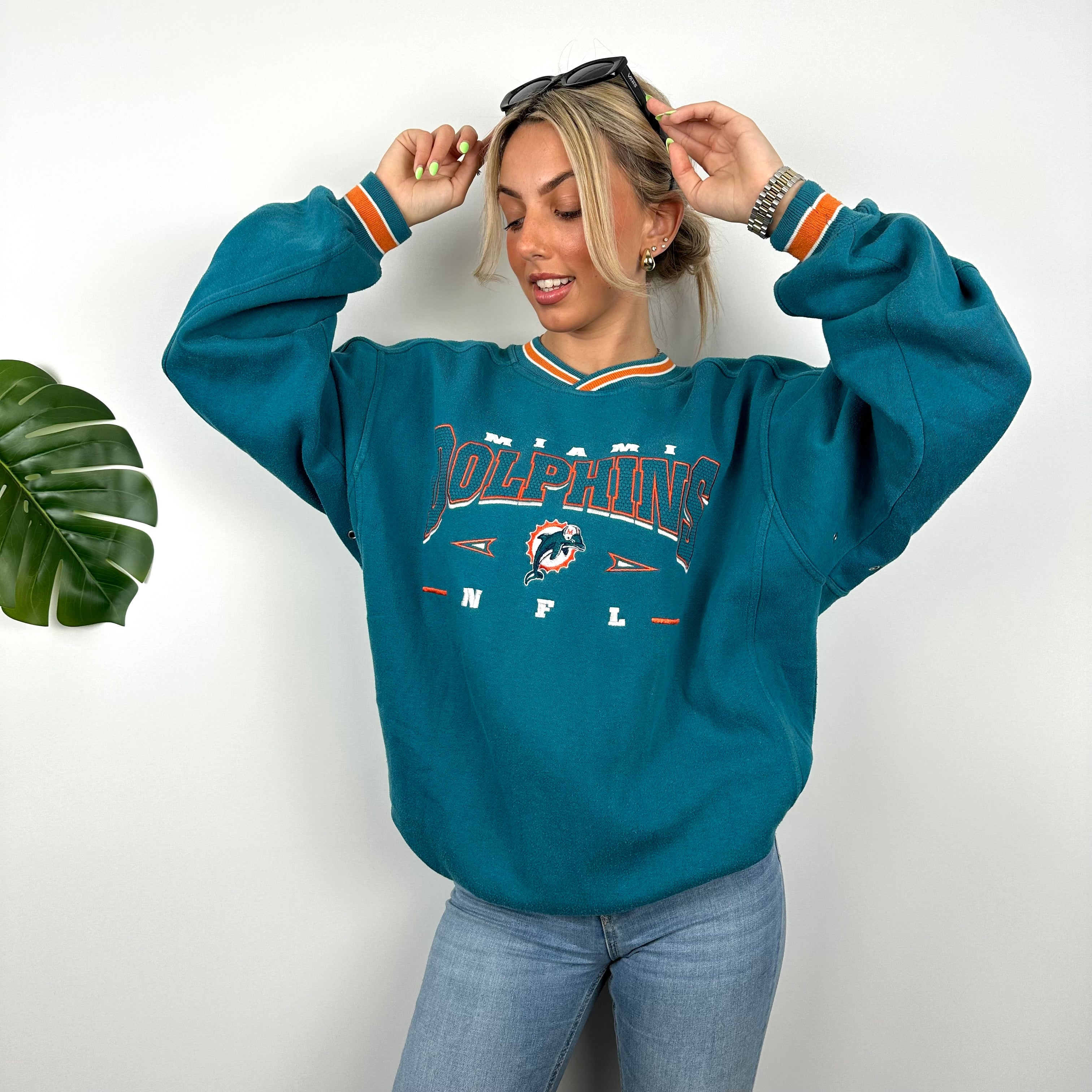 NFL Miami Dolphins Turquoise Embroidered Spell Out Sweatshirt (L)