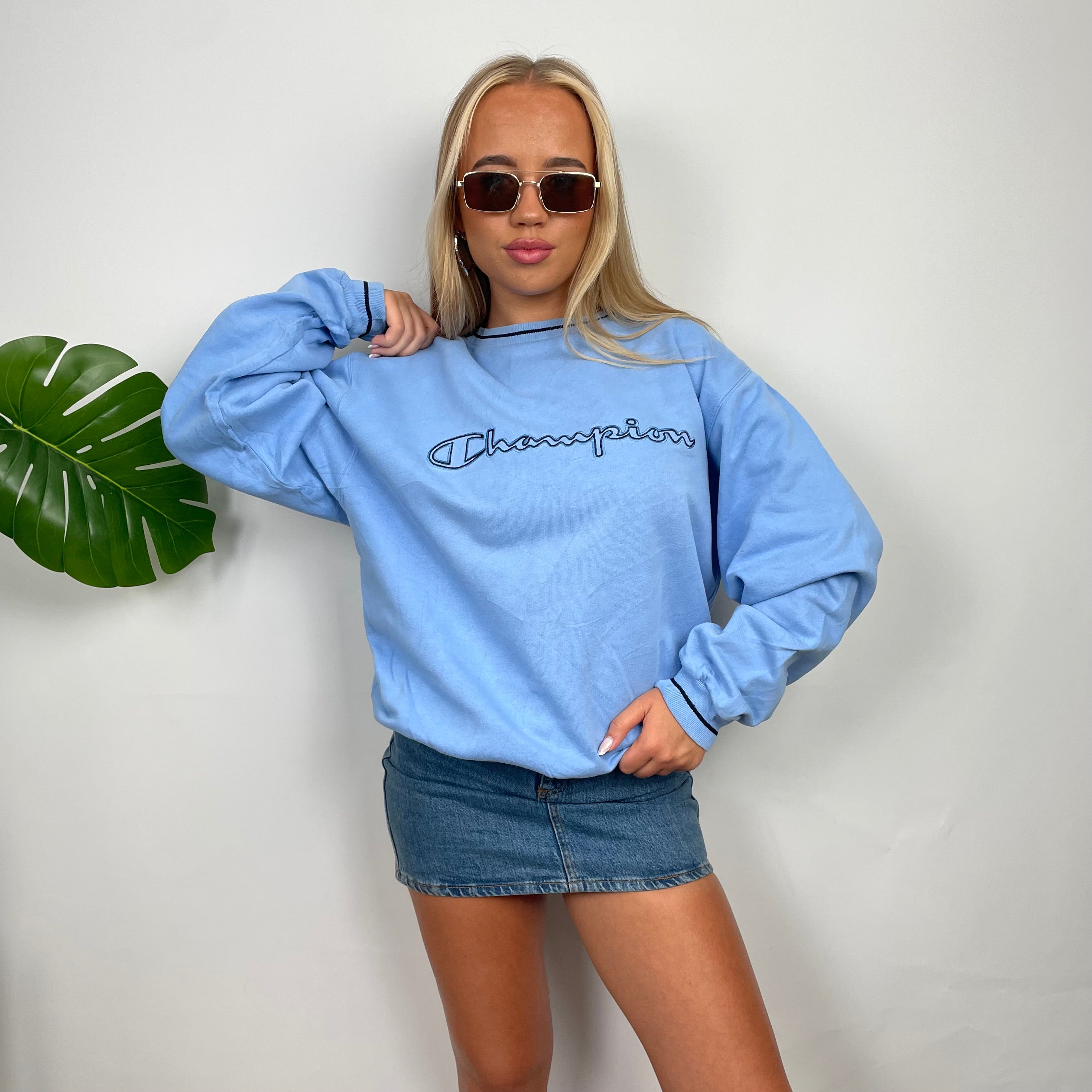 Champion Baby Blue Embroidered Spell Out Sweatshirt (M)