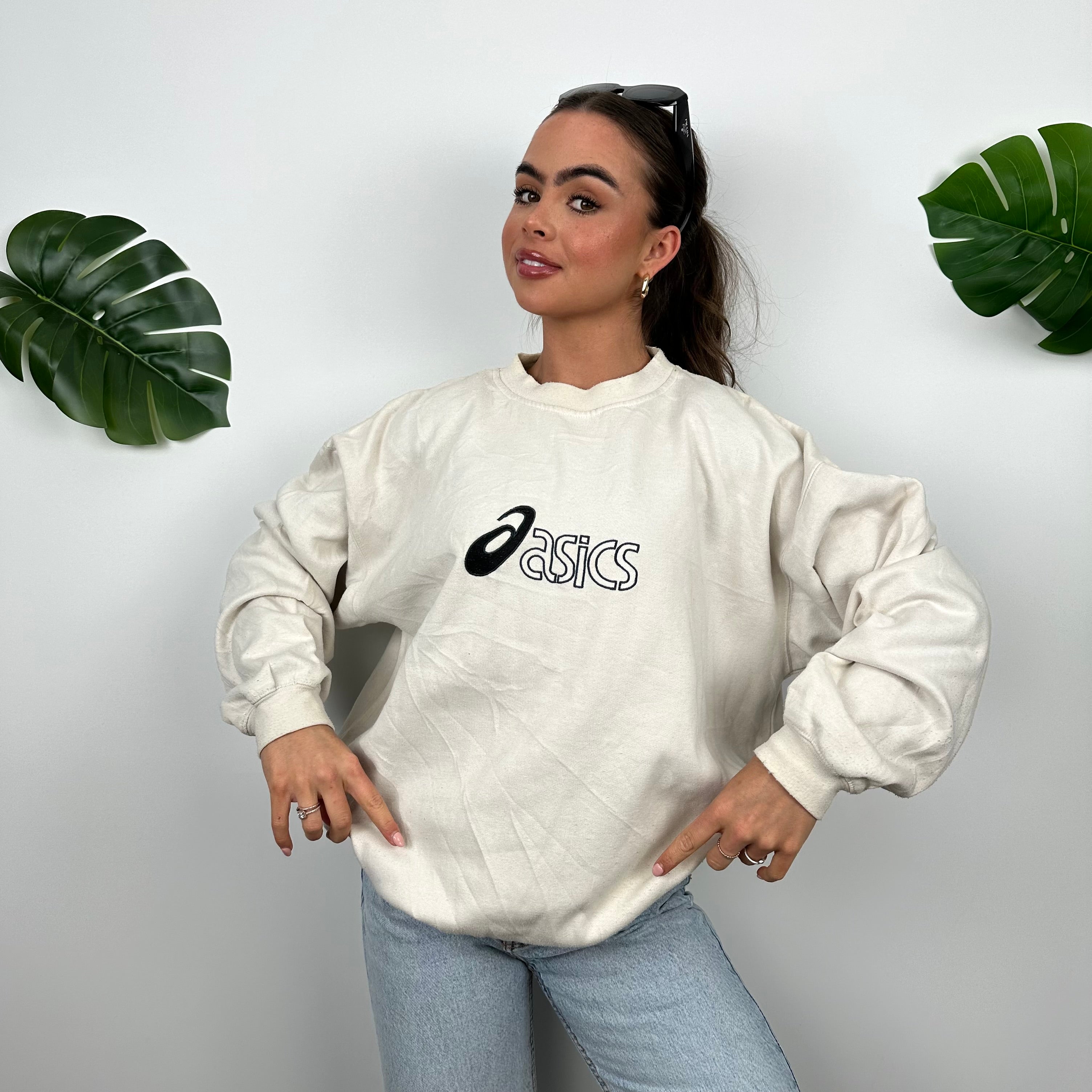 ASICS Cream Embroidered Spell Out Sweatshirt (L)