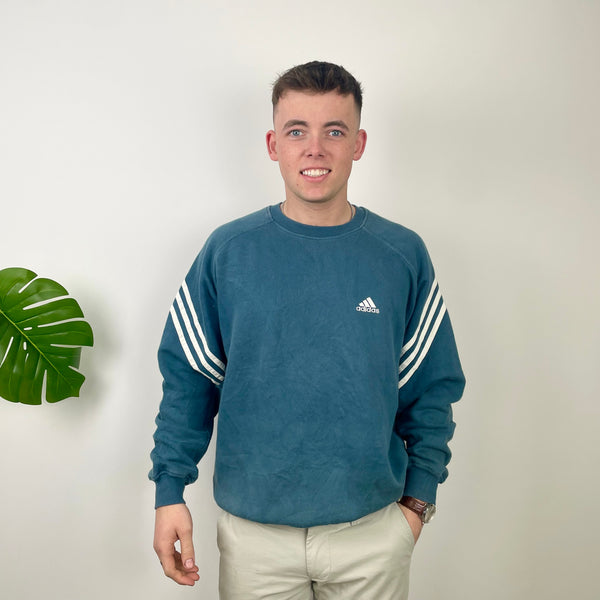 Adidas Blue Embroidered Spell Out Sweatshirt (XL)
