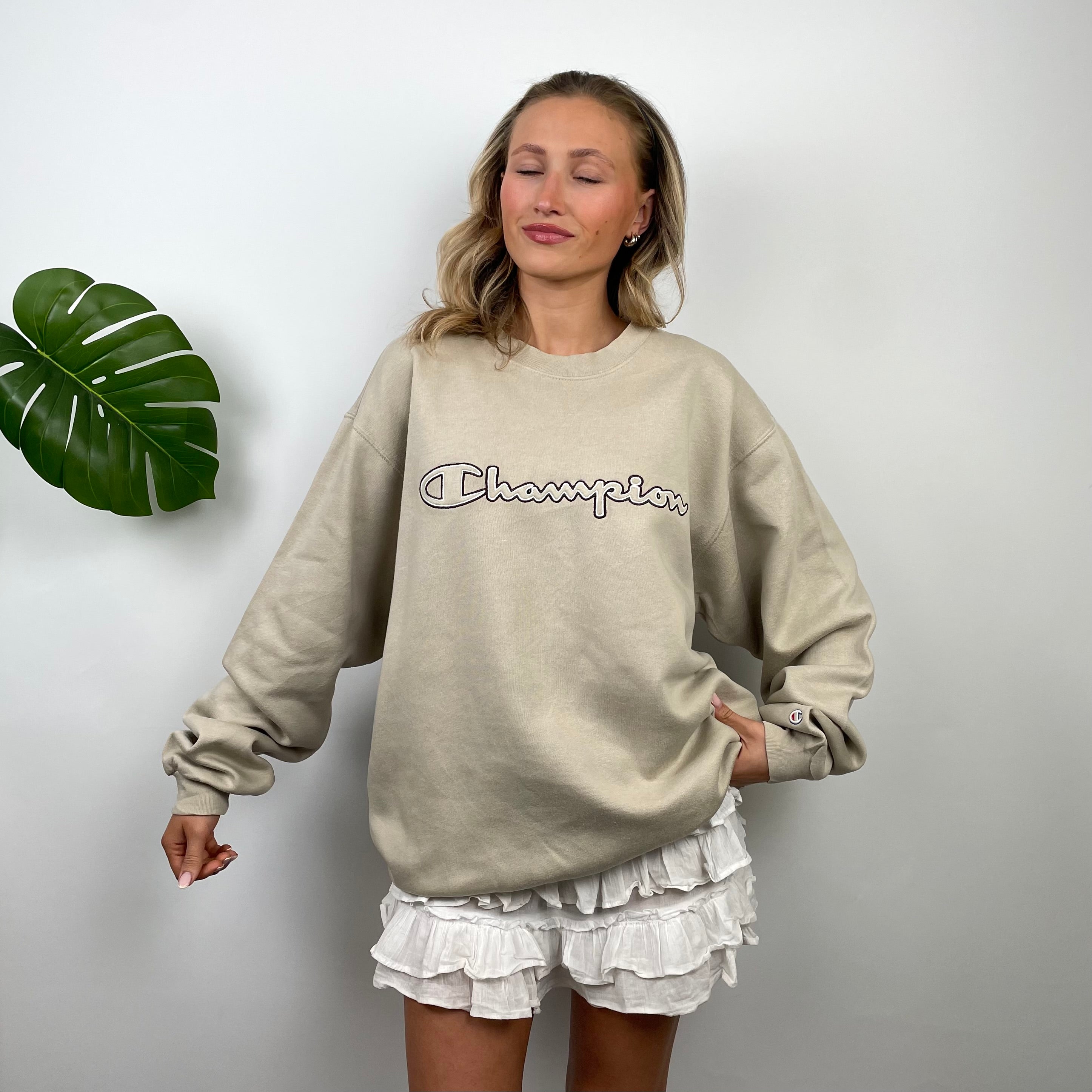 Champion RARE Tan Embroidered Spell Out Sweatshirt