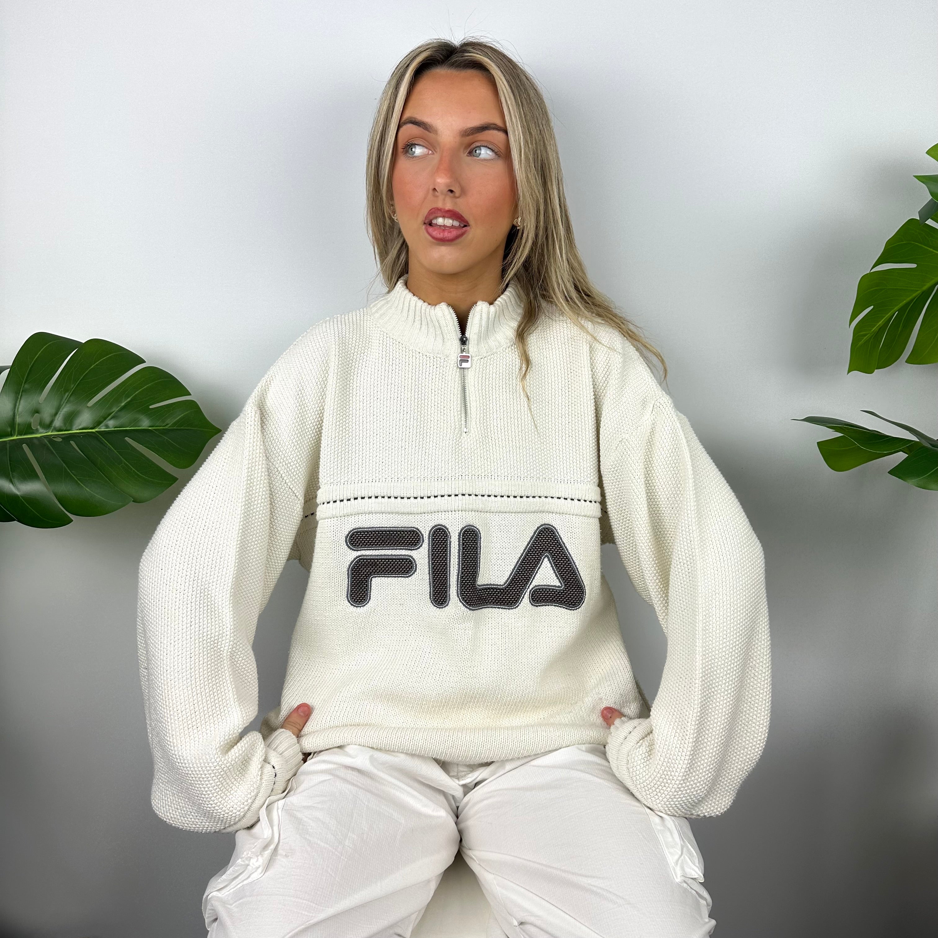 FILA Embroidered Spell Out Quarter Zip Knitted Sweater (M)