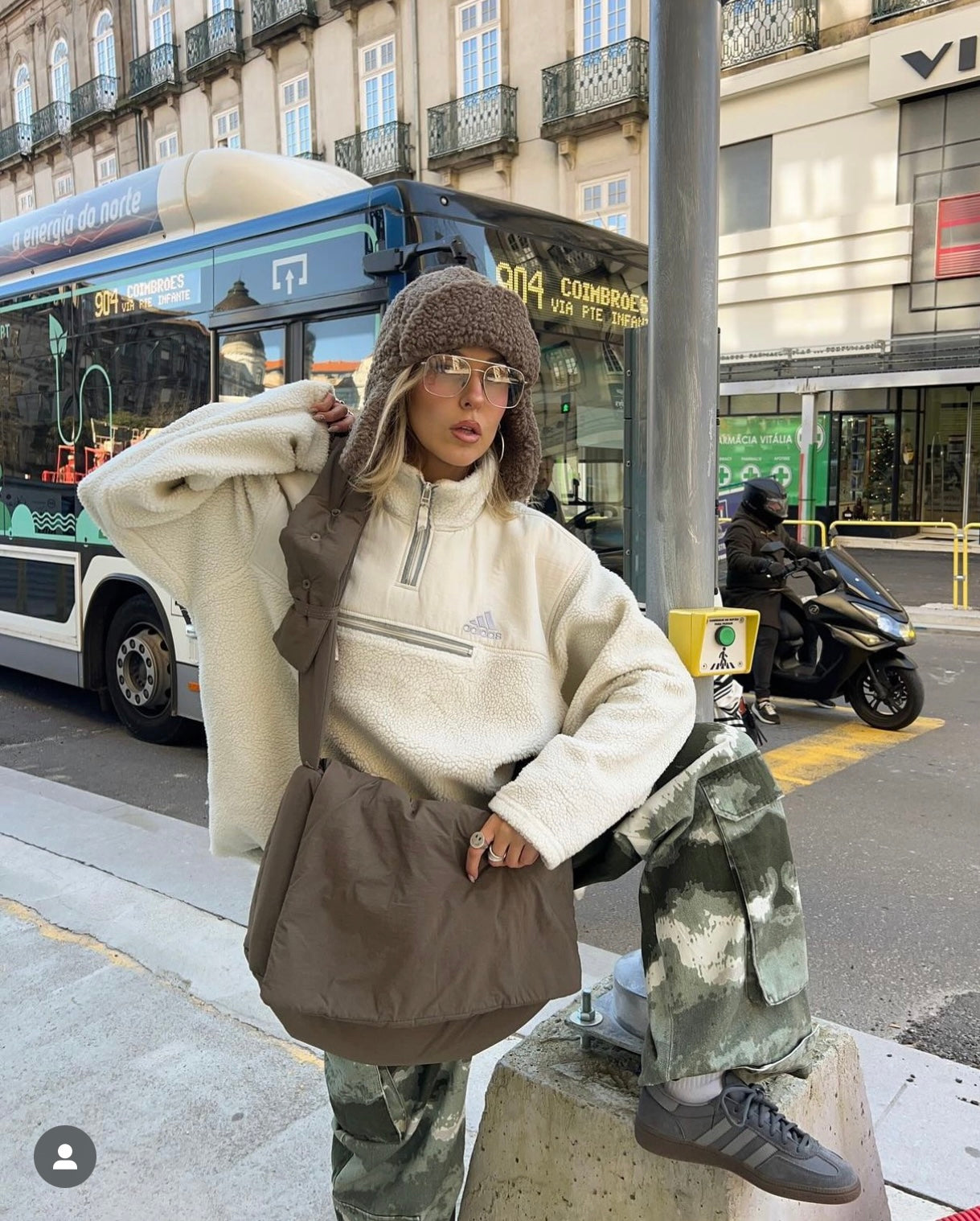 Adidas RARE Cream Sherpa Teddy Bear Fleece Quarter Zip Sweatshirt as worn by Sofia Coelho (L)