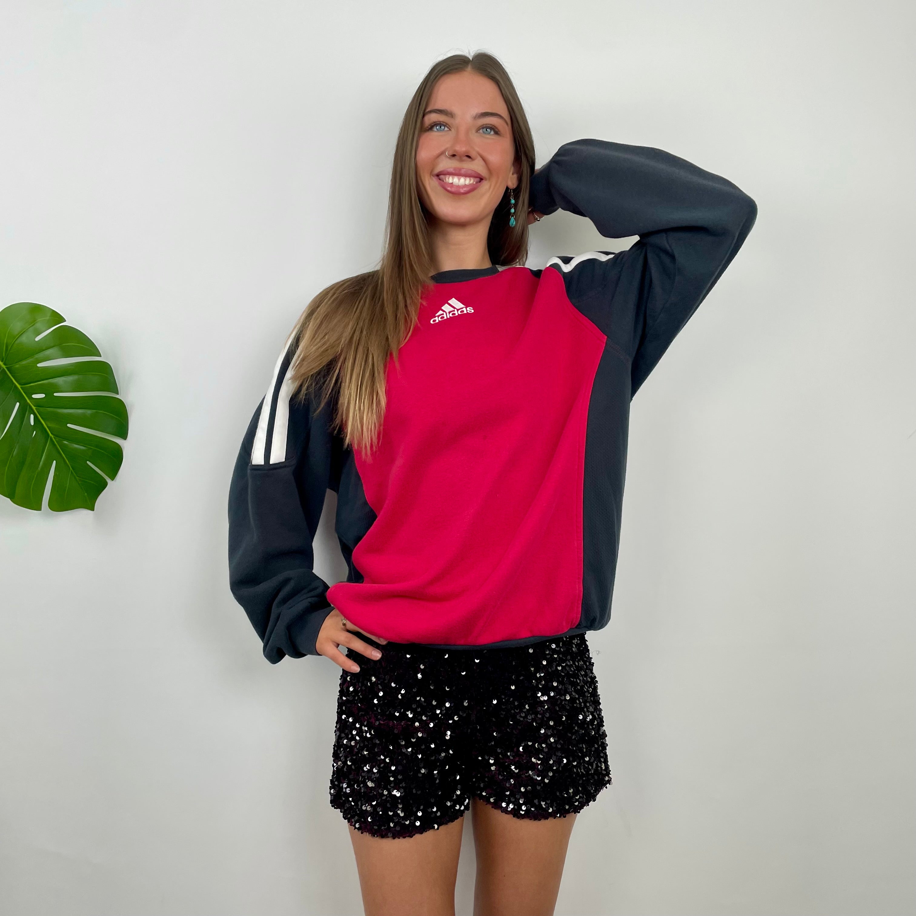 Adidas Red & Black Embroidered Spell Out Colour Block Sweatshirt (L)