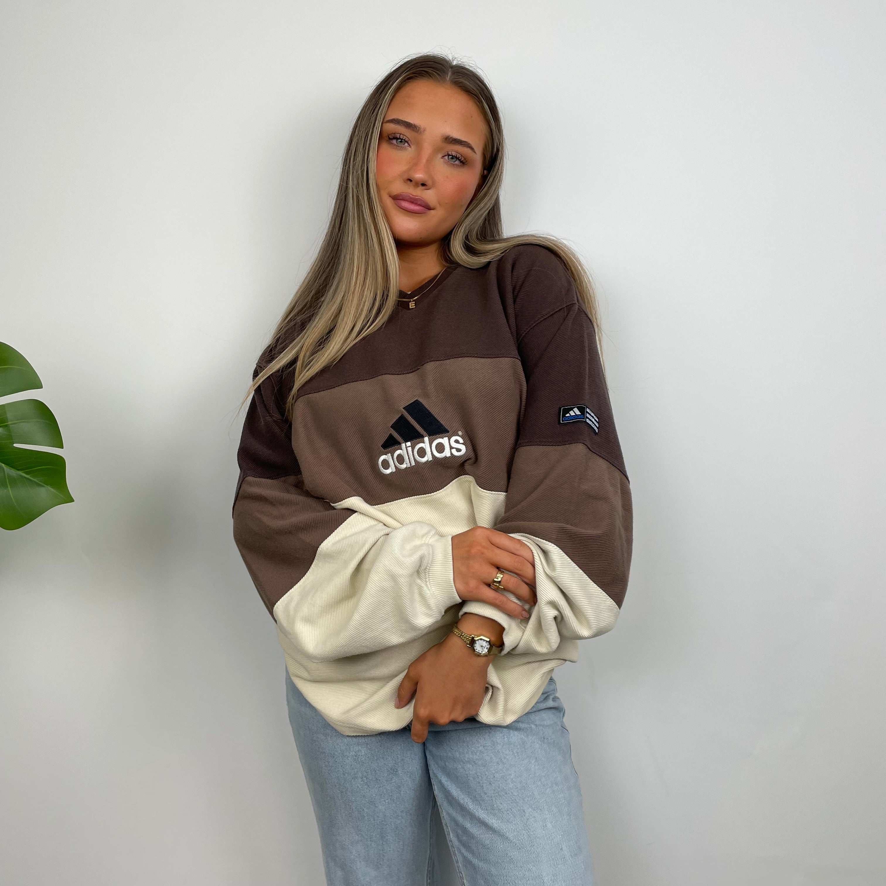 Adidas RARE Cream & Brown Colour Block Embroidered Spell Out Sweatshirt (XL)