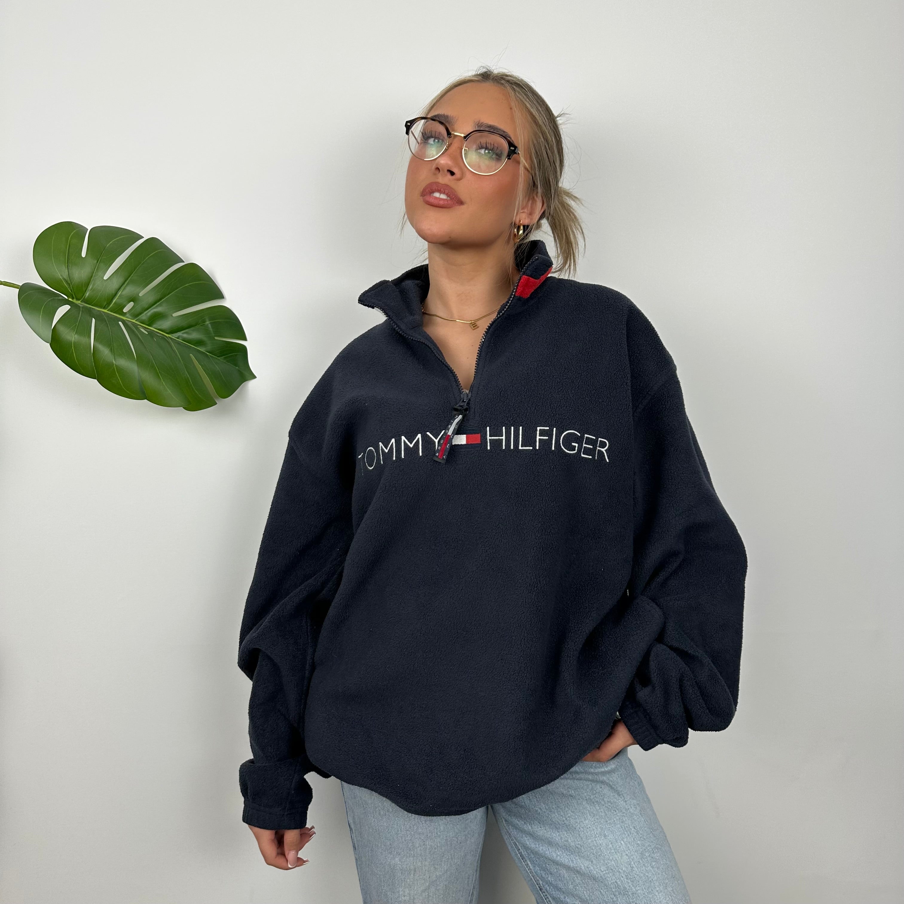 Tommy Hilfiger RARE Navy Embroidered Spell Out Teddy Bear Fleece Quarter Zip Sweatshirt (L)