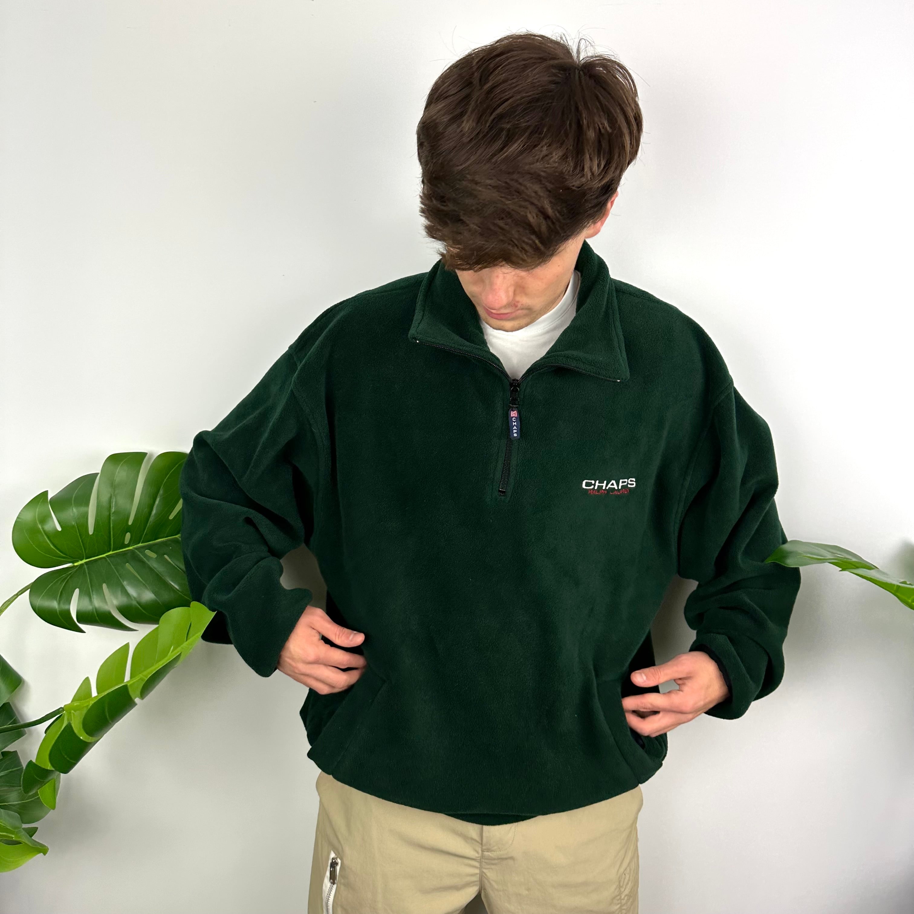 Chaps Ralph Lauren Green Embroidered Spell Out Teddy Bear Fleece Quarter Zip Sweatshirt (XL)
