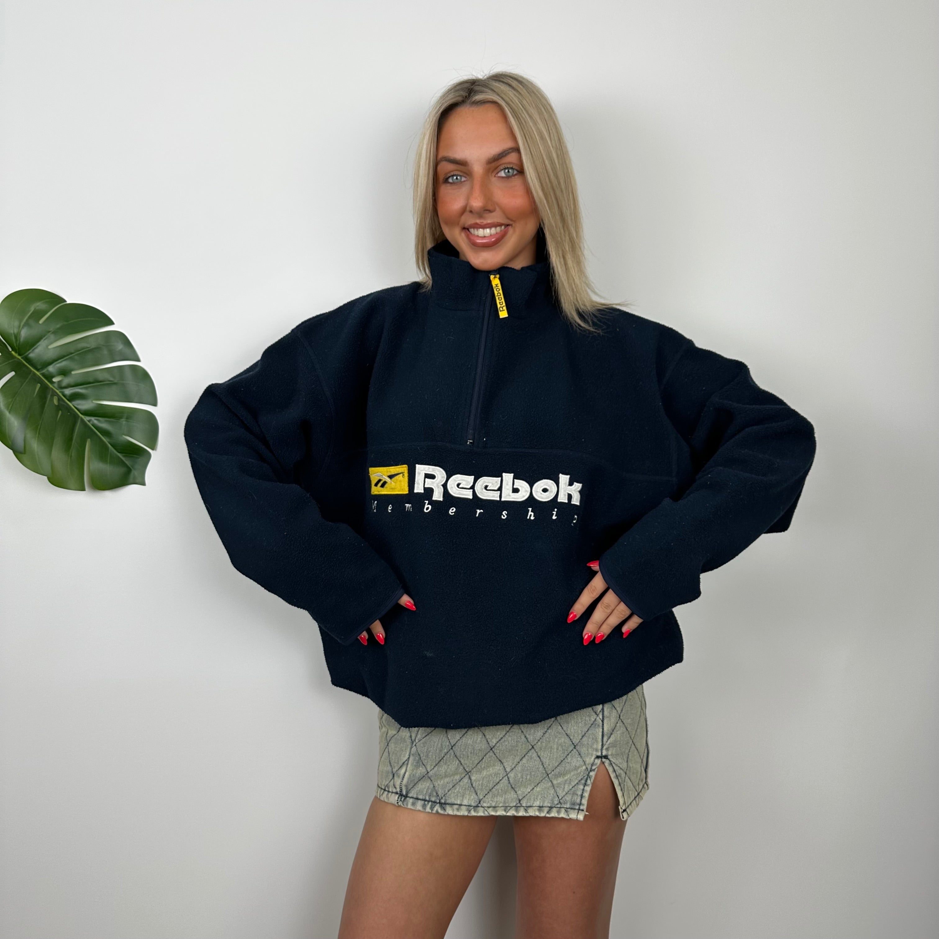 Reebok RARE Navy Embroidered Spell Out Teddy Bear Fleece Quarter Zip Sweatshirt (XL)