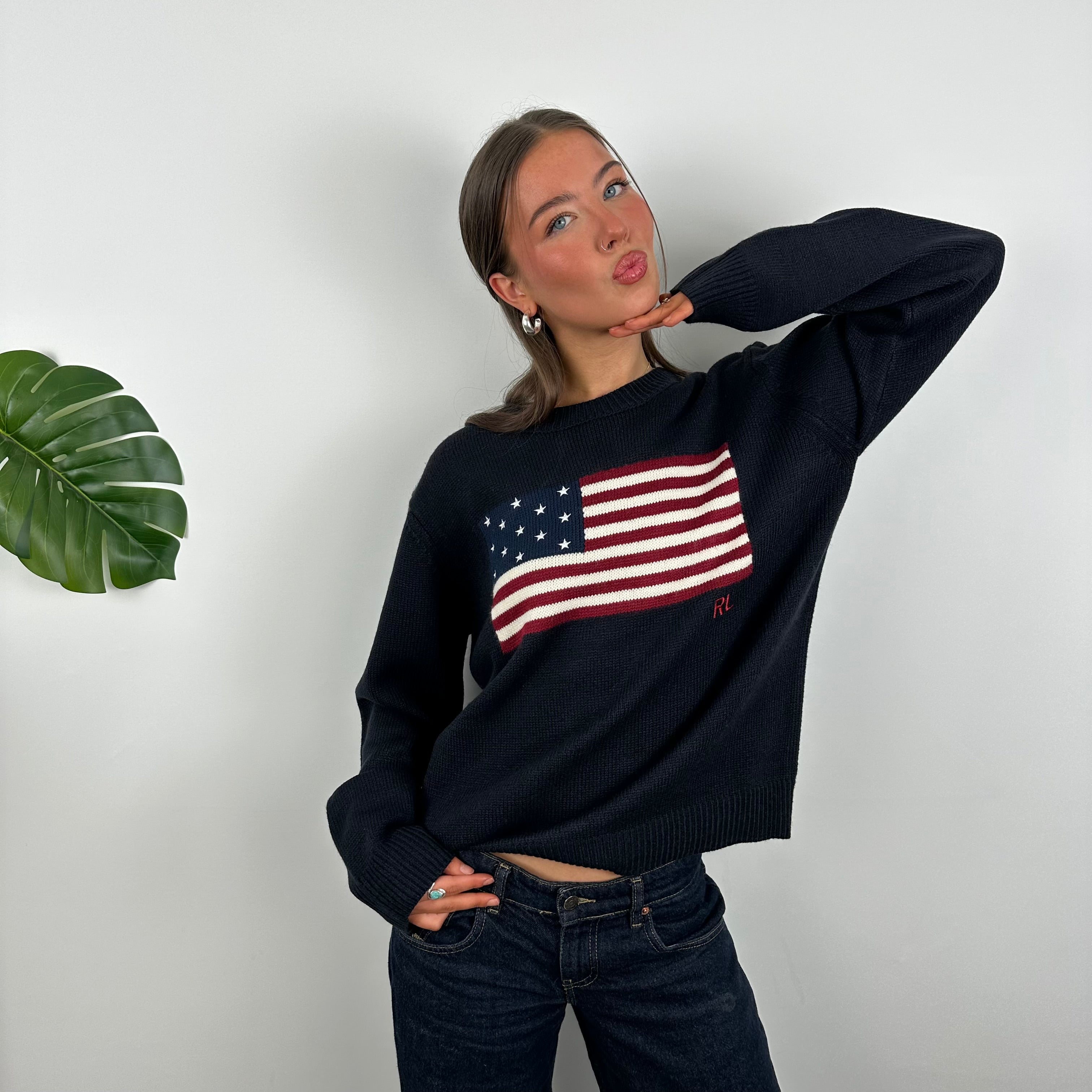 Polo Ralph Lauren Navy Embroidered Spell Out Knitted Sweater (M)