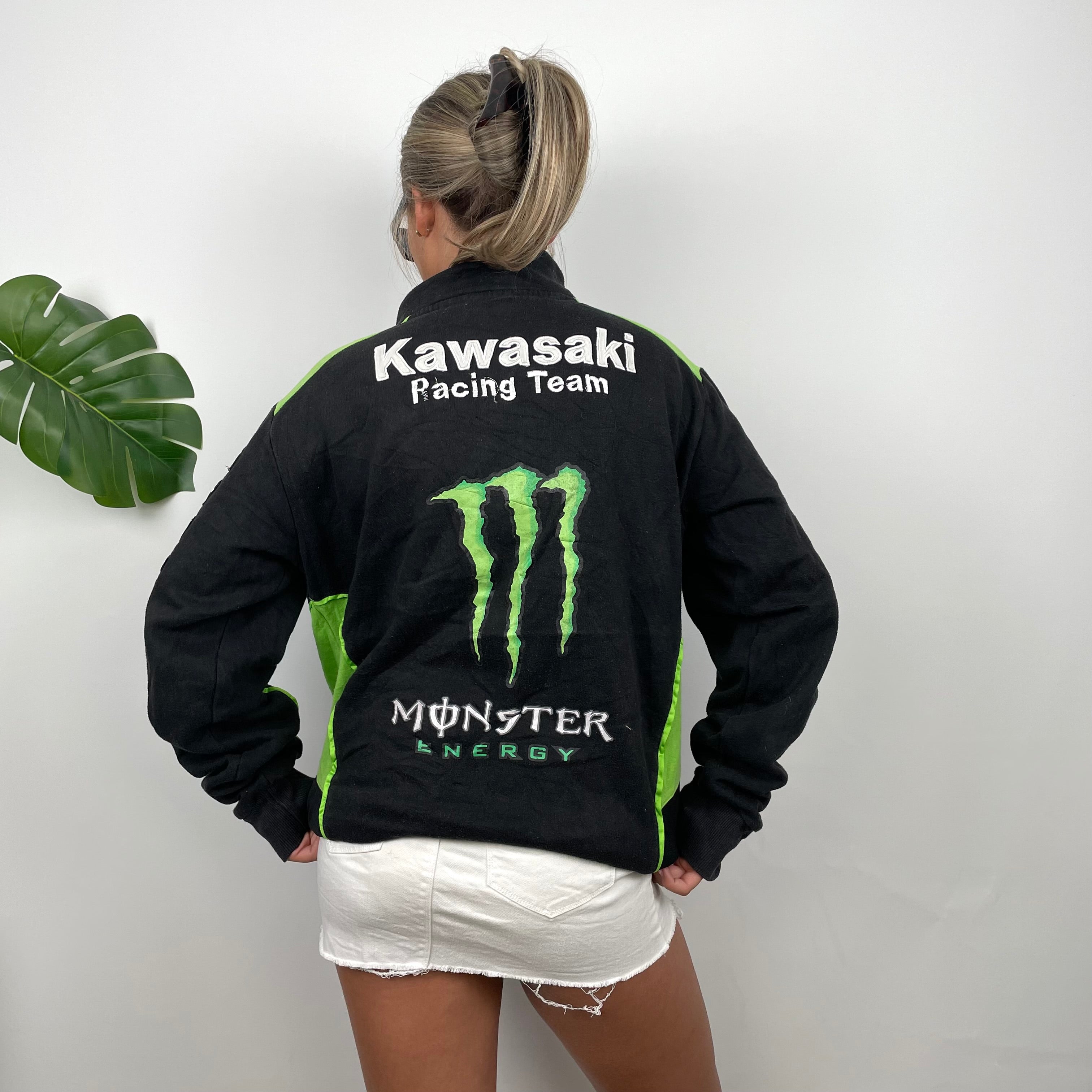 Monster Energy Racing Team Black Embroidered Spell Out Zip Up Hoodie Jacket (L)