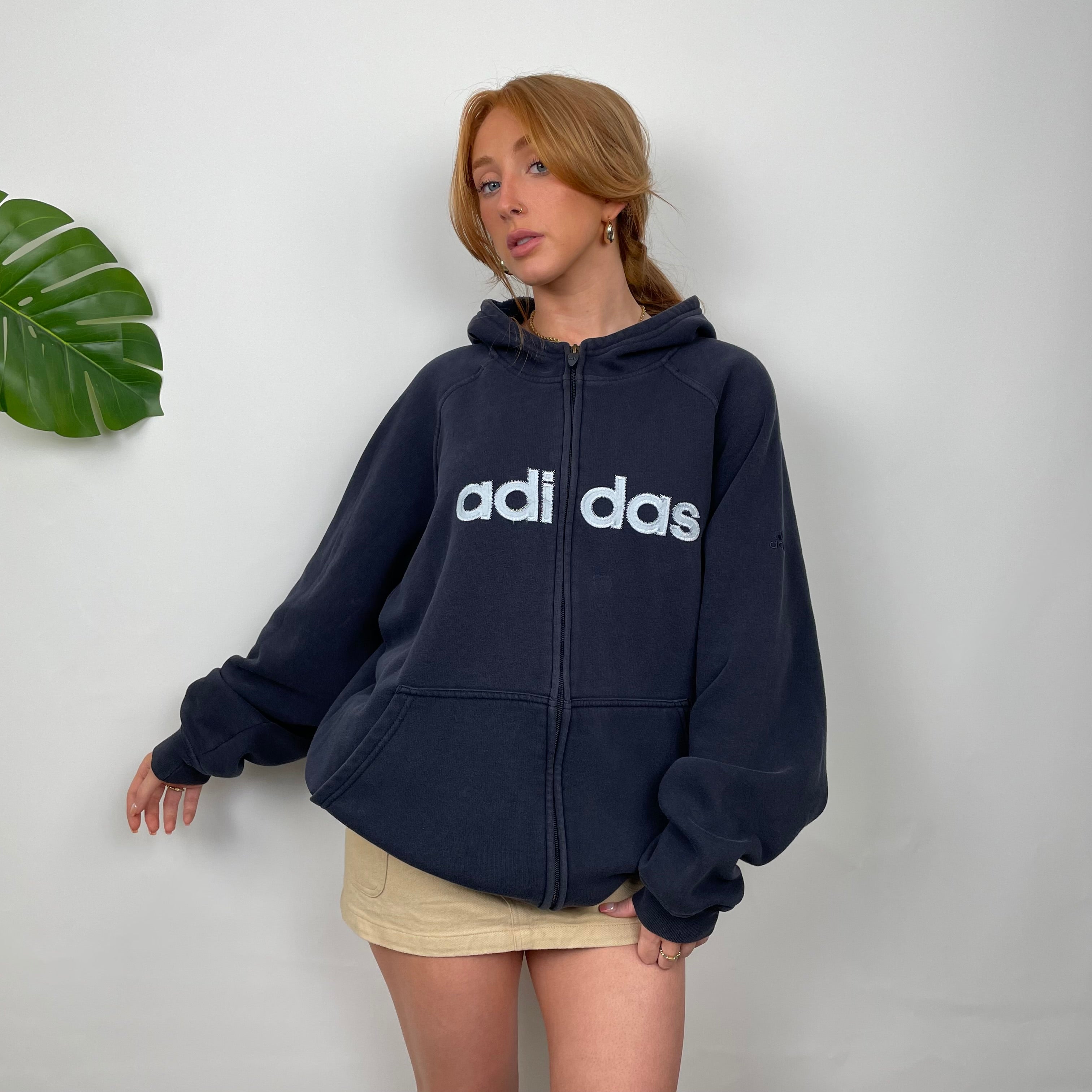 Adidas Navy Embroidered Spell Out Zip Up Hoodie Jacket (L)