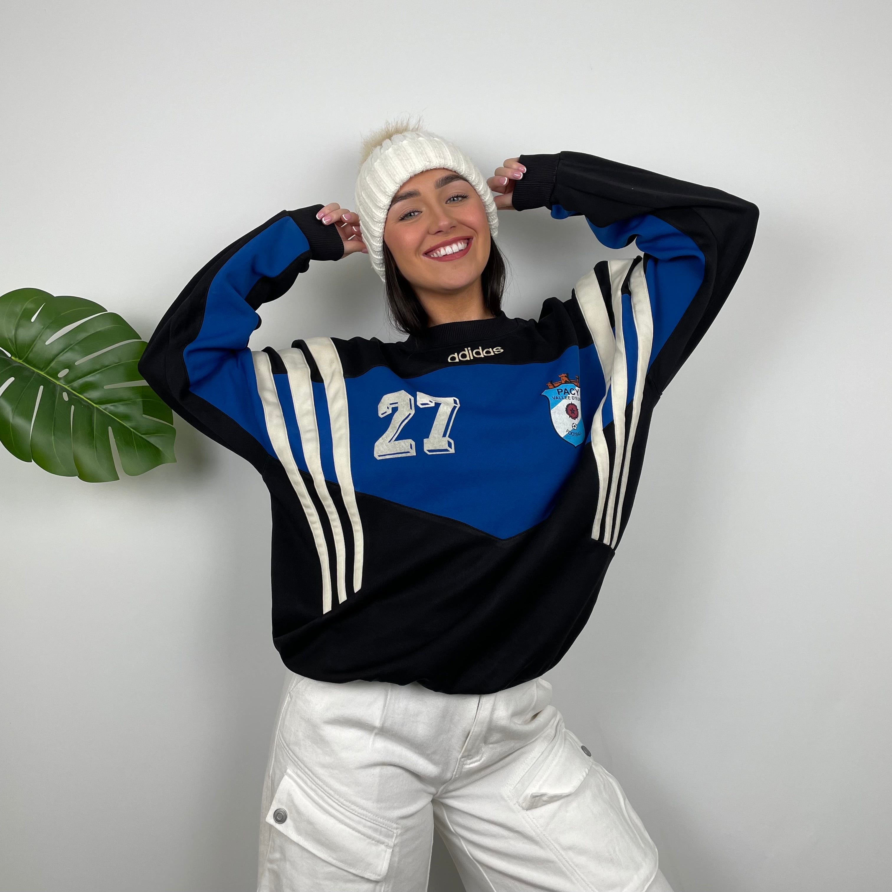 Adidas Black & Blue Embroidered Spell Out Colour Block Sweatshirt (L)