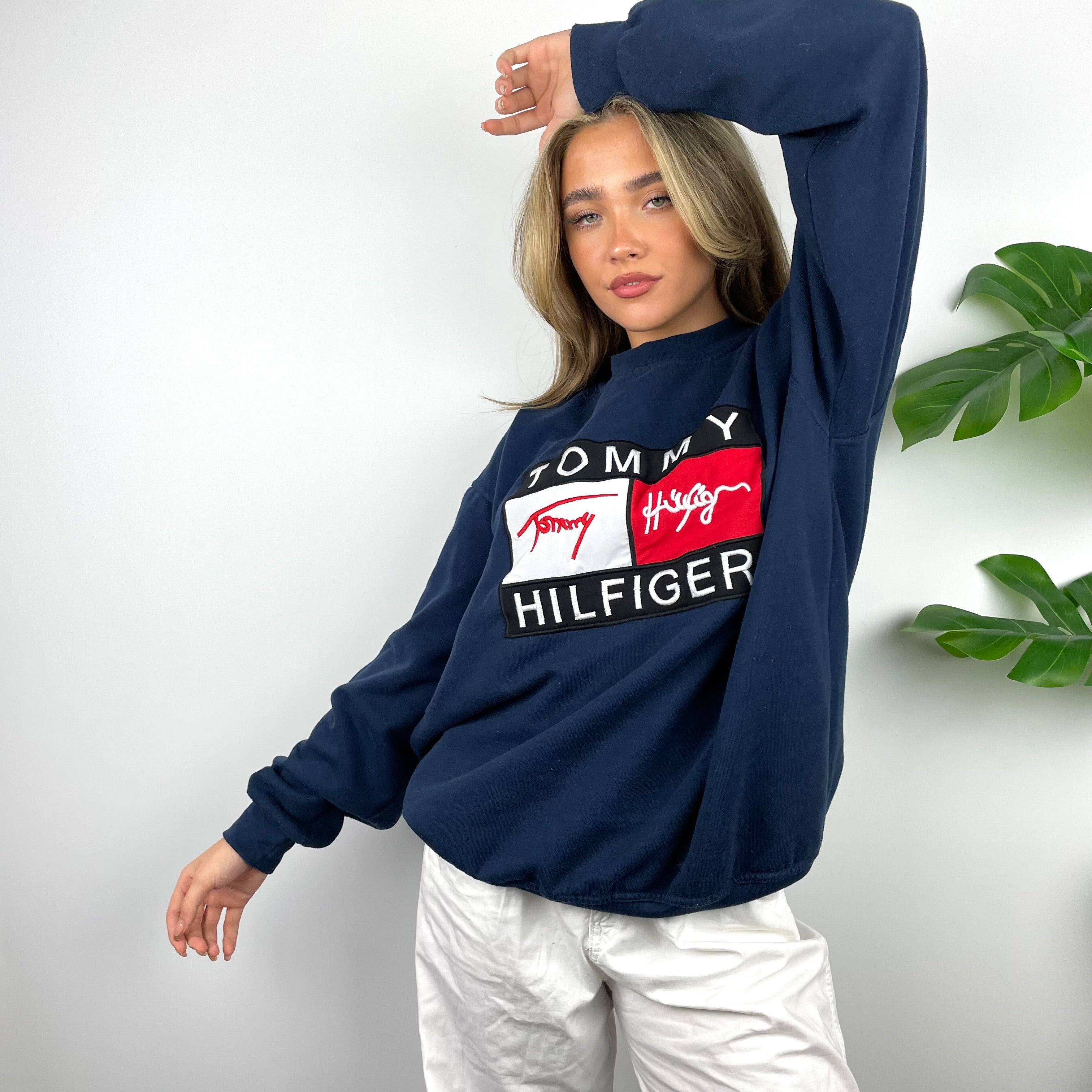 Tommy Hilfiger RARE Navy Embroidered Spell Out Sweatshirt as worn by Annalivia Hynds (XXL)