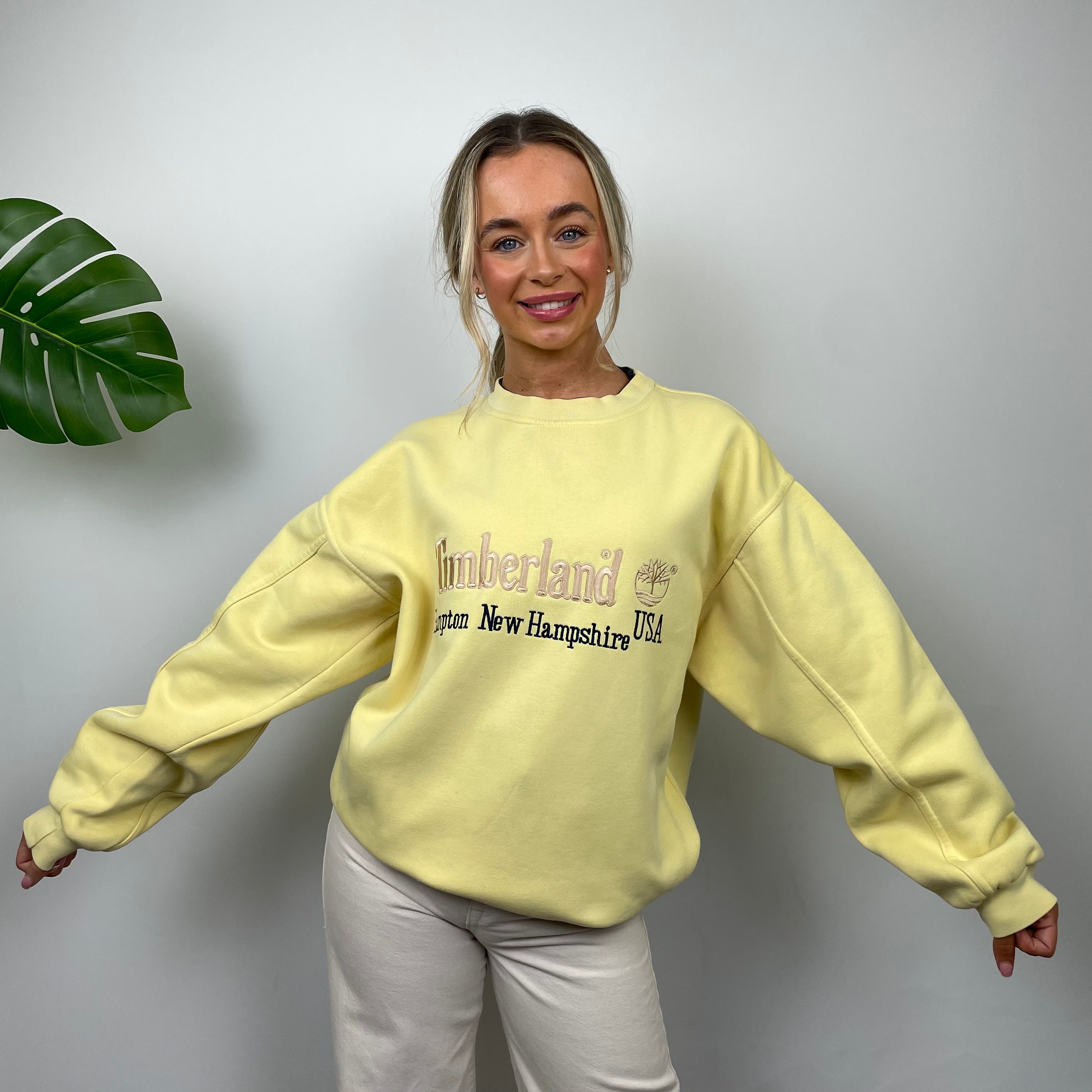 Timberland RARE Pastel Yellow Embroidered Spell Out Sweatshirt (XL)