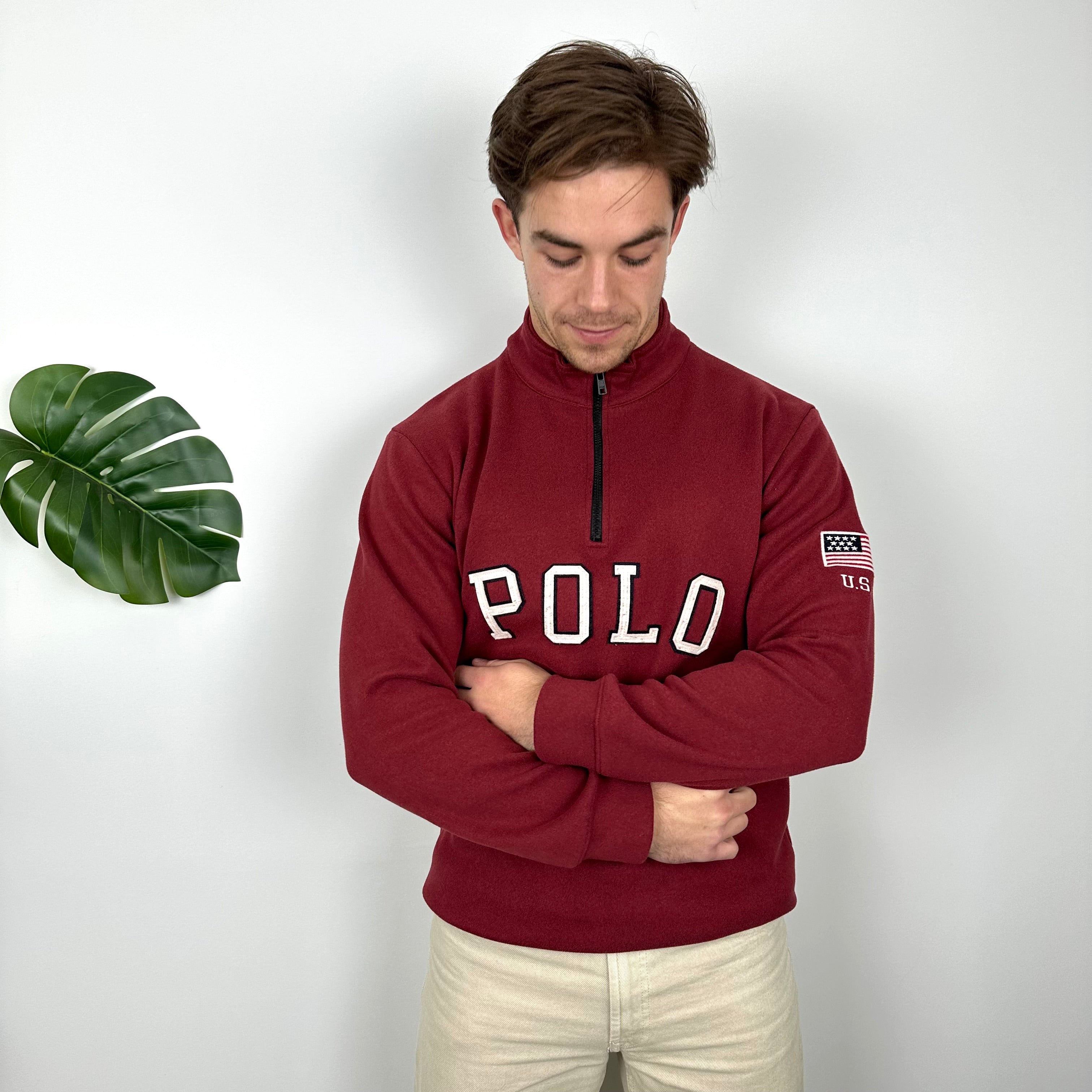 Polo Ralph Lauren Maroon Embroidered Spell Out Fleece Quarter Zip (L)