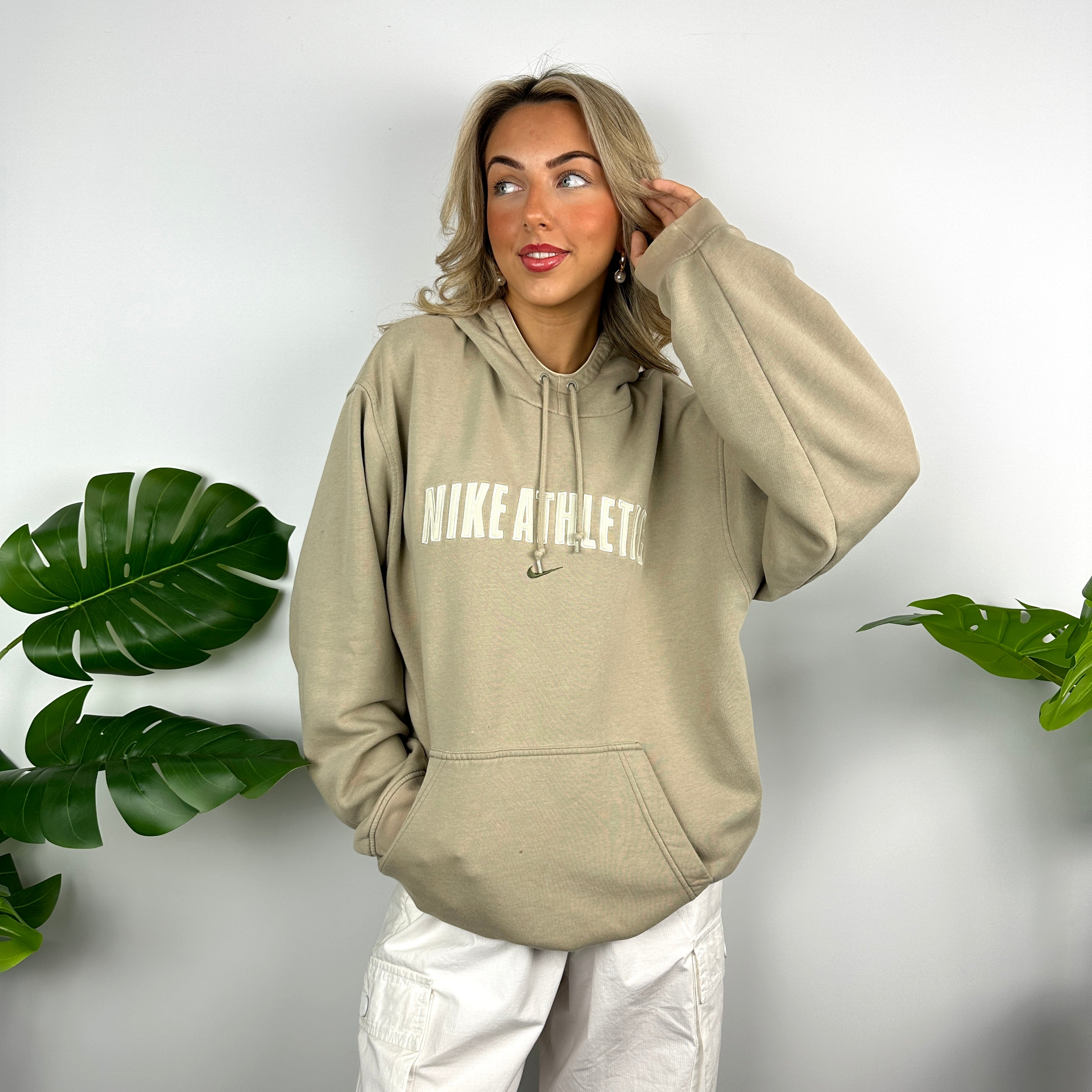 Nike Athletic Beige Embroidered Spell Out Hoodie (L)