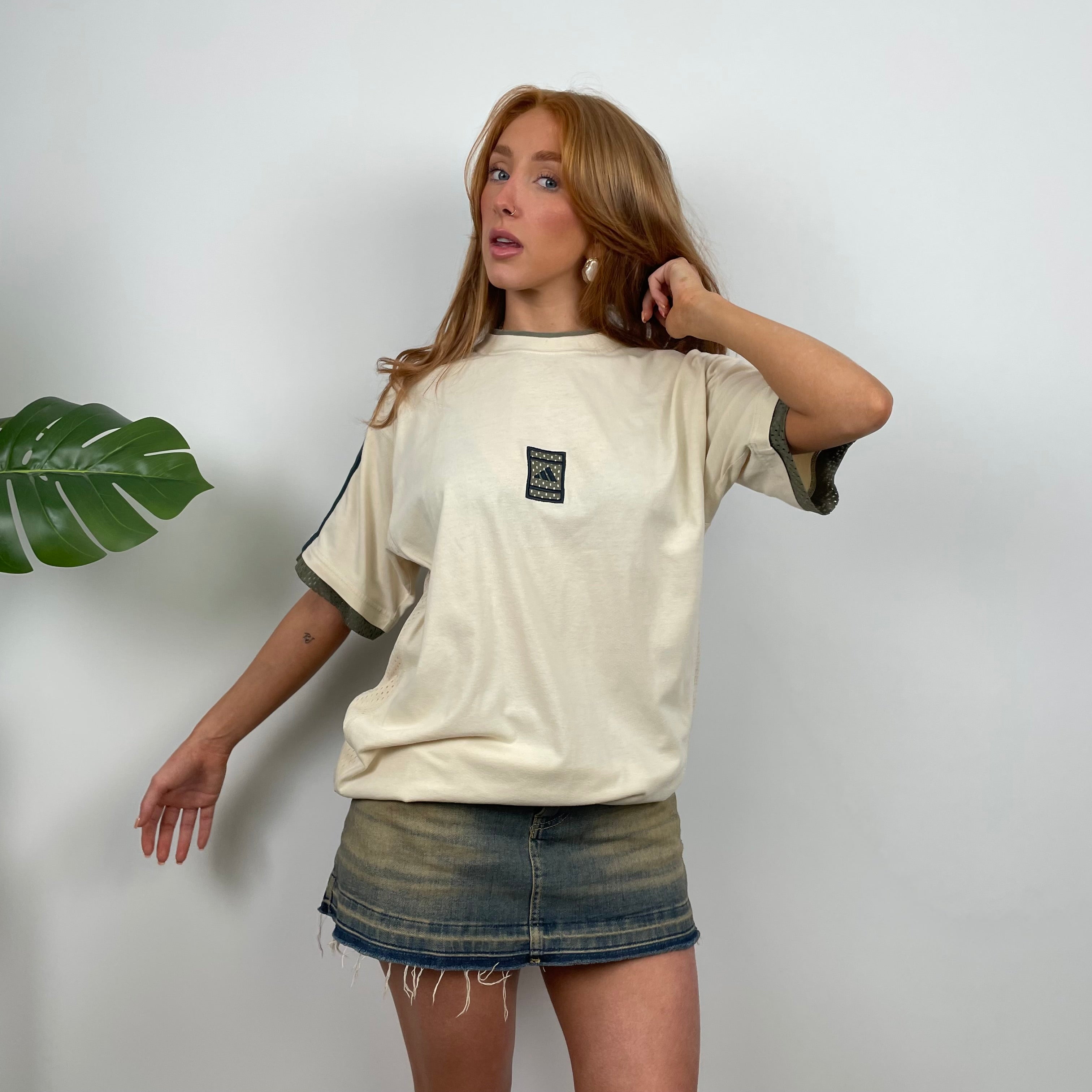 Adidas RARE Cream Embroidered Spell Out T Shirt (L)