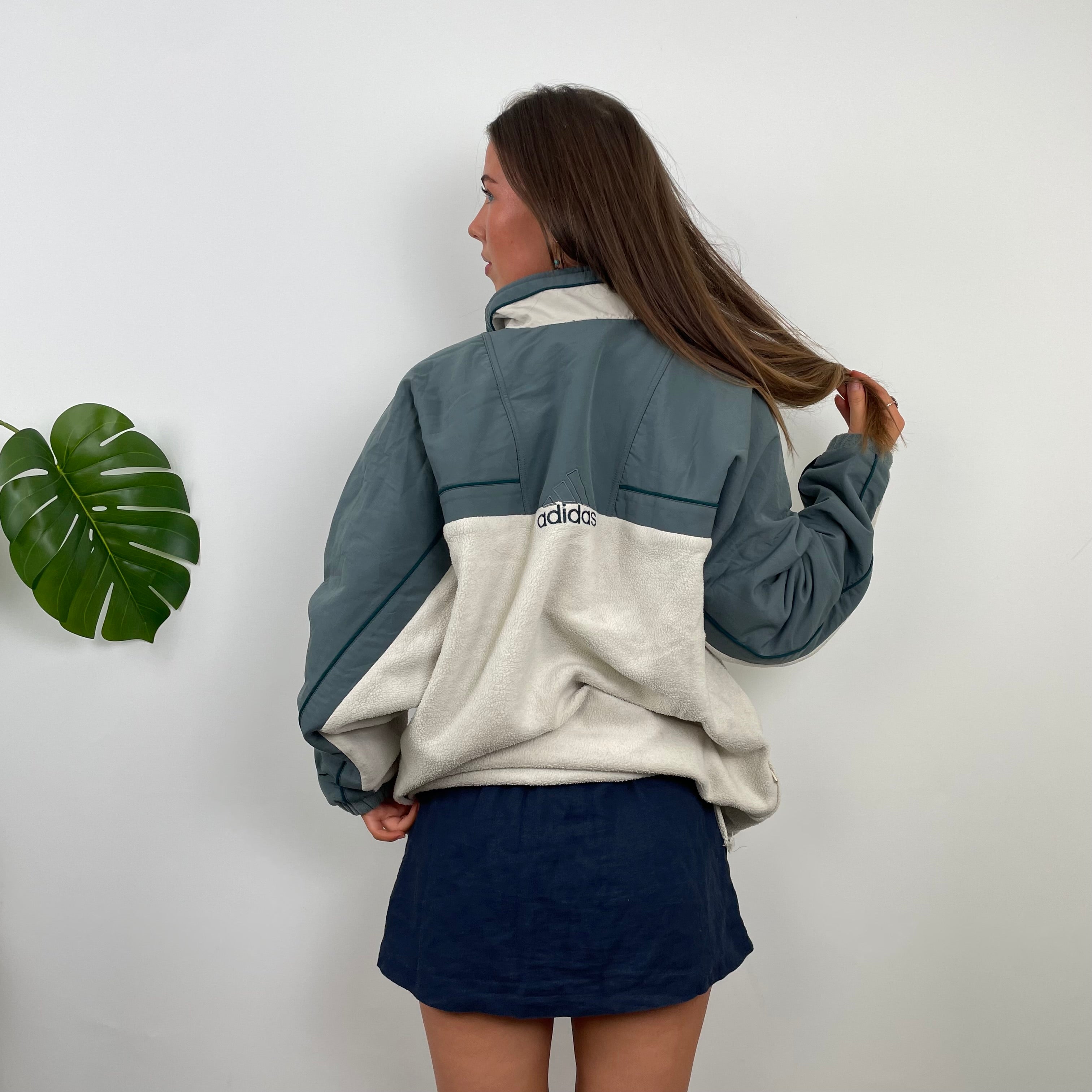 Adidas RARE Cream Embroidered Spell Out Teddy Bear Fleece Quarter Zip Sweatshirt (XL)